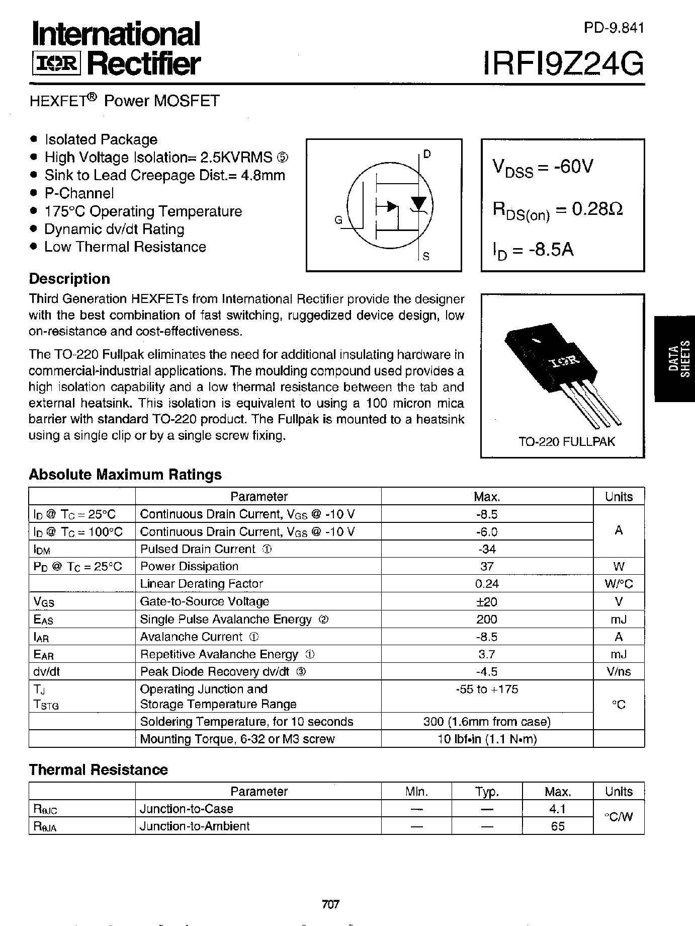 Datasheet IRFI9Z24G - HEXFET POWER MOSFET page 1