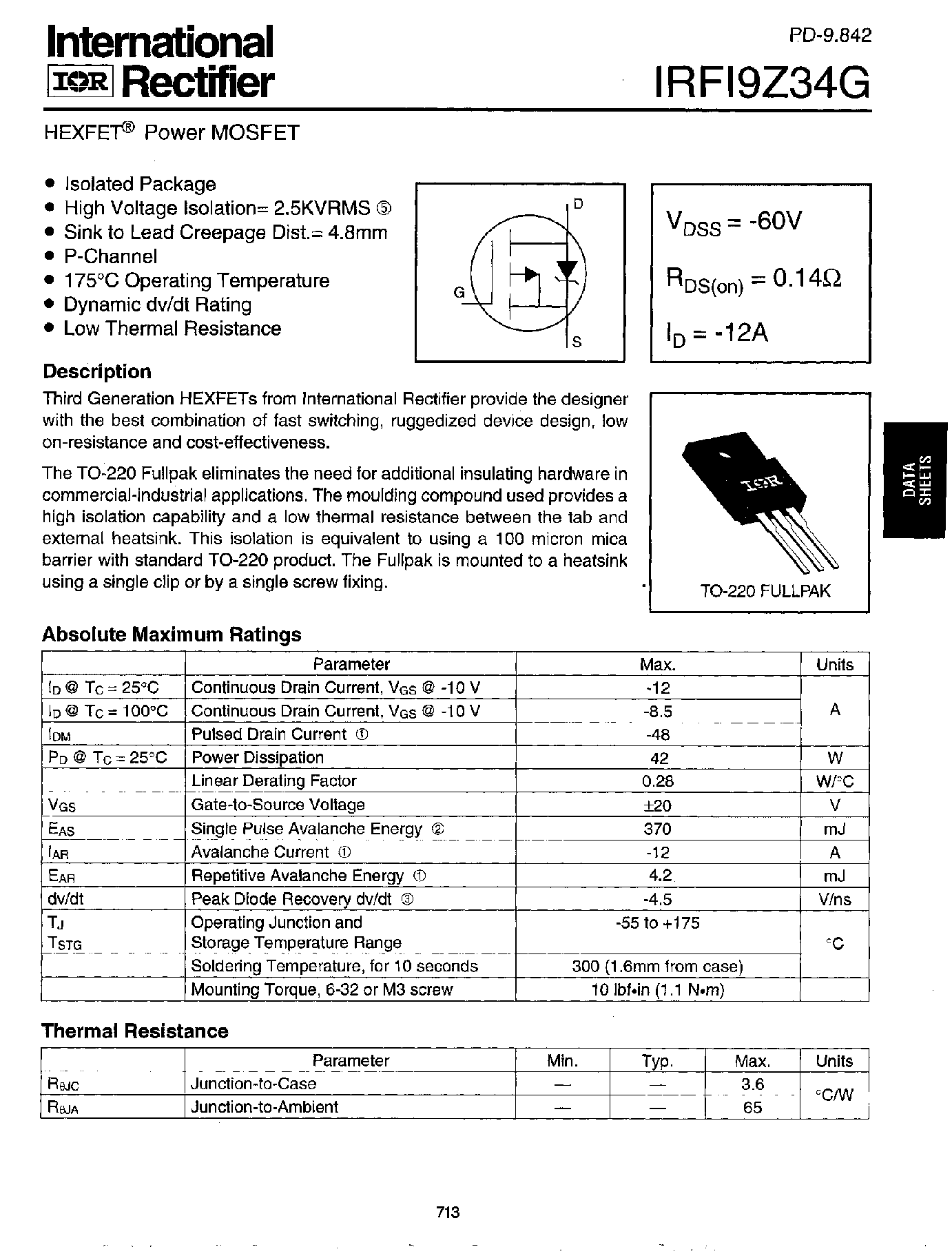 Datasheet IRFI9Z34G - HEXFET POWER MOSFET page 1