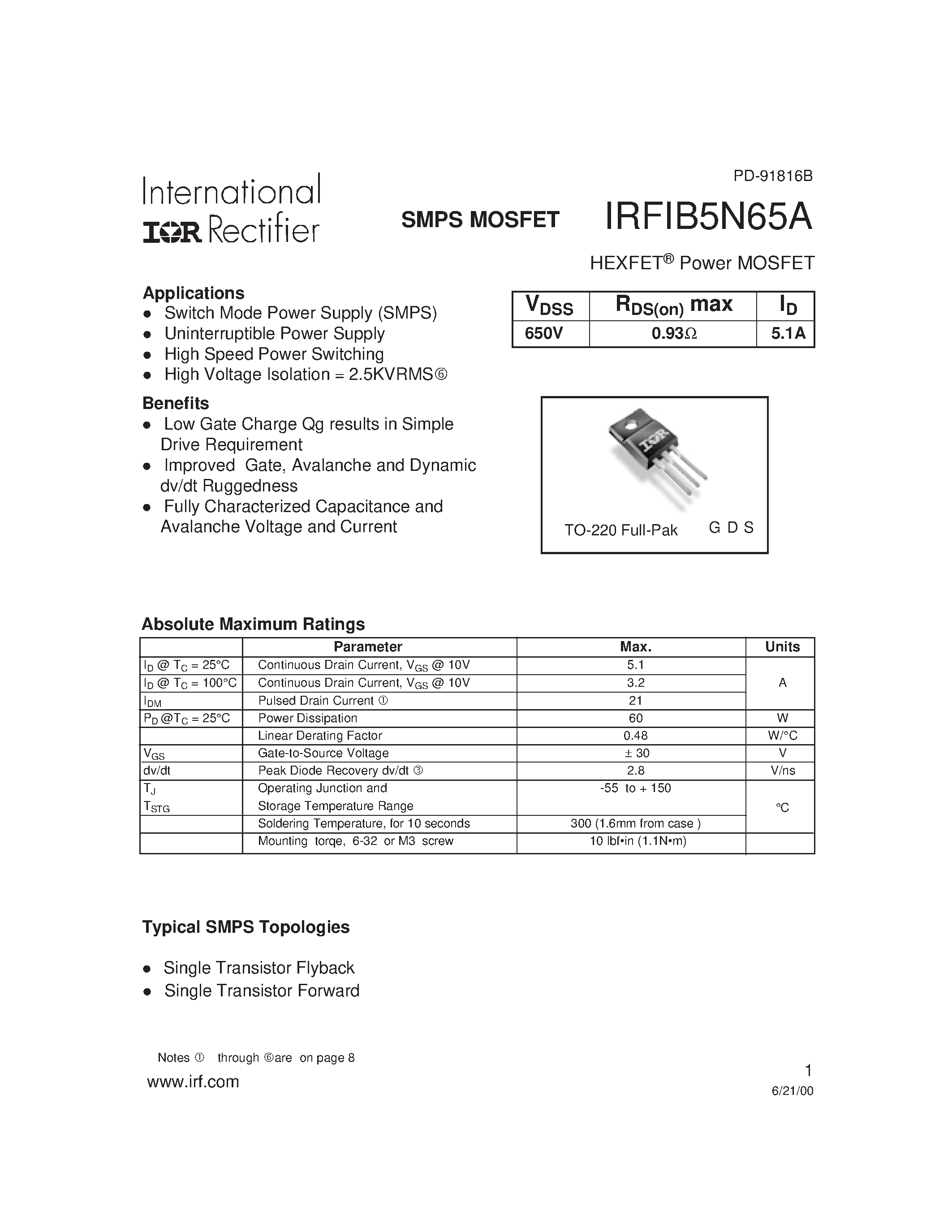 Datasheet IRFIB5N65 page 1 Datasheet IRFIB5N65 - Power MOSFET(Vdss=650V/ Rds(on)max=0.93ohm/ Id=5.1A) page 1