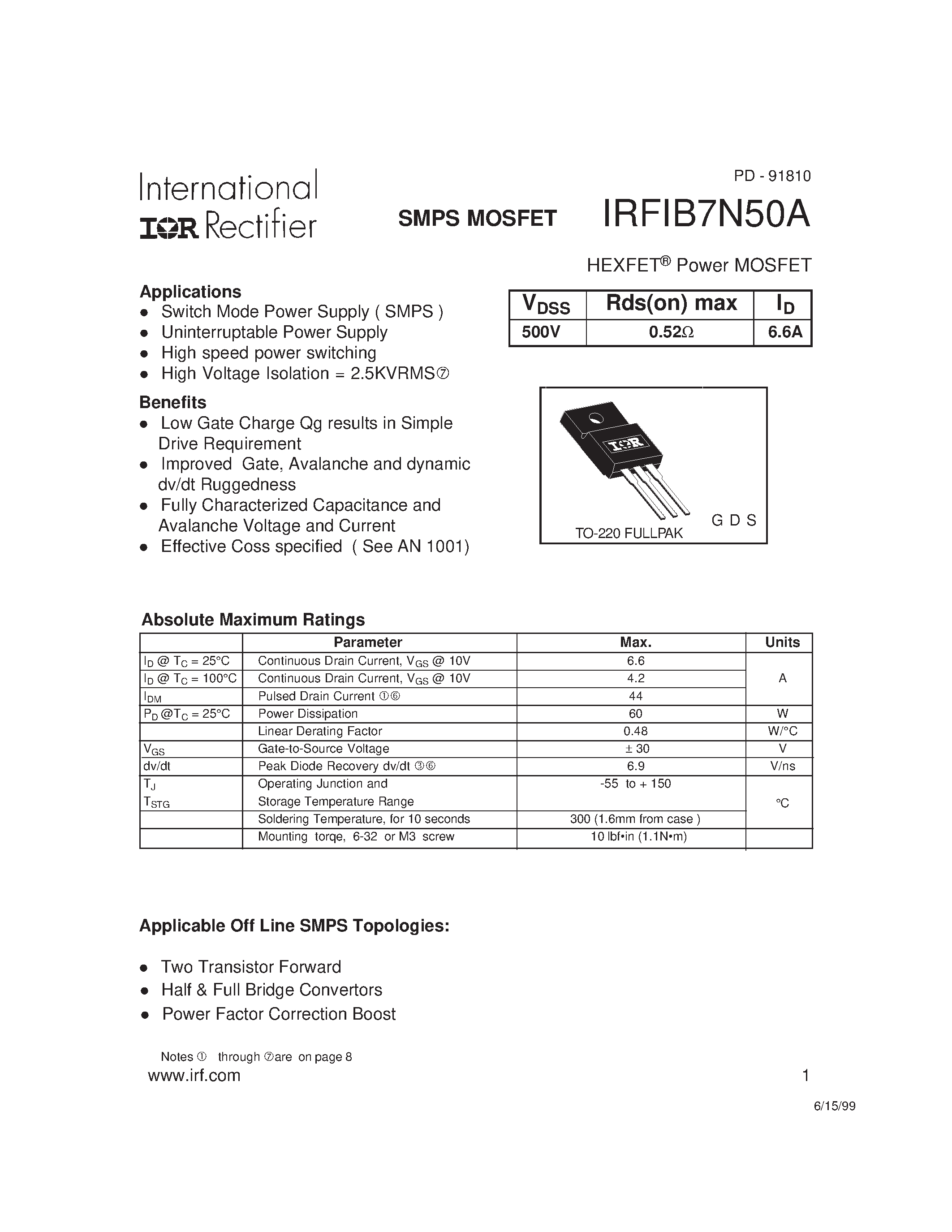 Datasheet IRFIB7N50A - Power MOSFET(Vdss=500V/ Rds(on)max=0.52ohm/ Id=6.6A) page 1