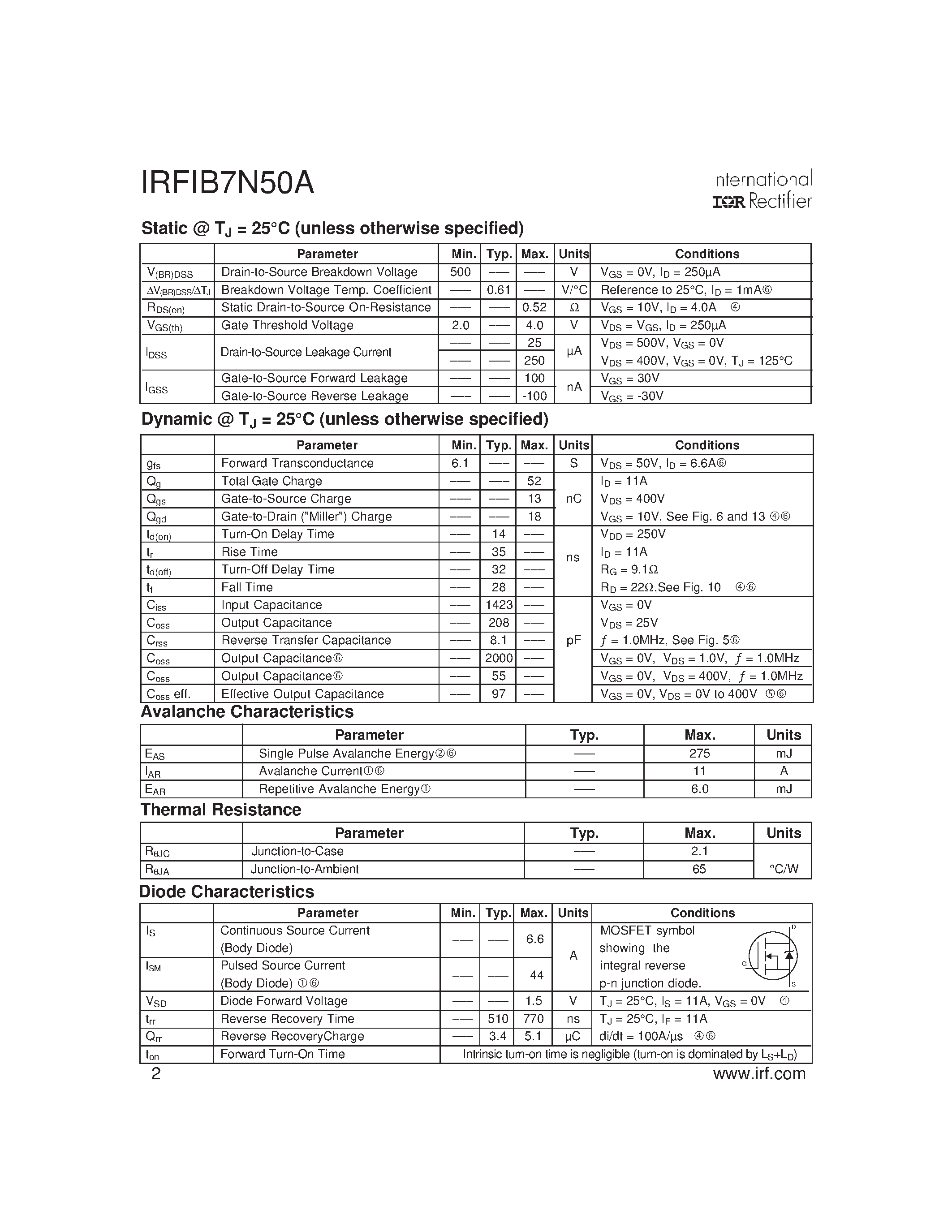 Datasheet IRFIB7N50A - Power MOSFET(Vdss=500V/ Rds(on)max=0.52ohm/ Id=6.6A) page 2