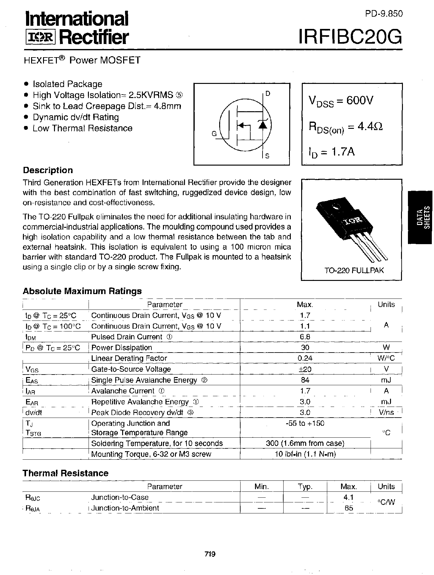 Даташит на микросхему IRFIBC20G страница 1 Даташит IRFIBC20G - Power MOSFET(Vdss=600V/ Rds(on)=4.4ohm/ Id=1.7A) страница 1