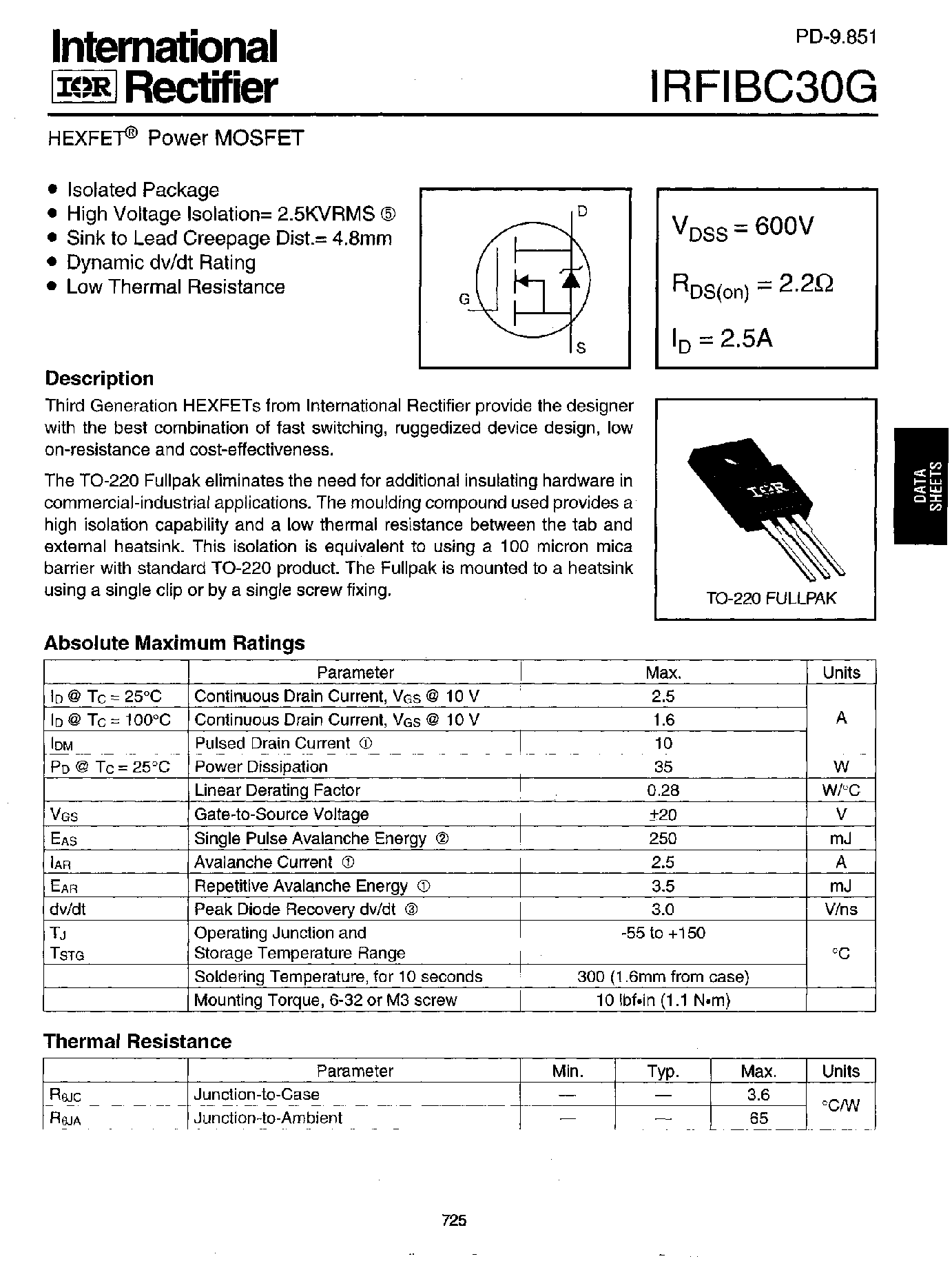 Datasheet IRFIBC30G - Power MOSFET(Vdss=600V/ Rds(on)=2.2ohm/ Id=2.5A) page 1