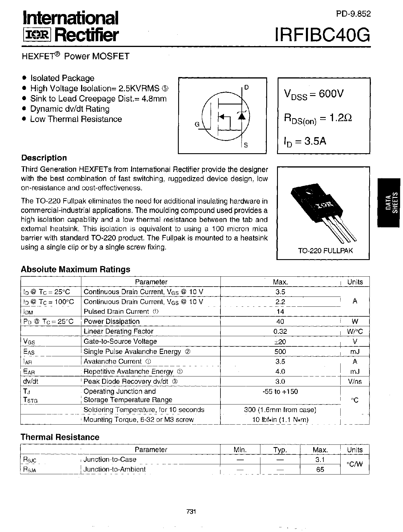 Datasheet IRFIBC40G - Power MOSFET(Vdss=600V/ Rds(on)=1.2ohm/ Id=3.5A) page 1