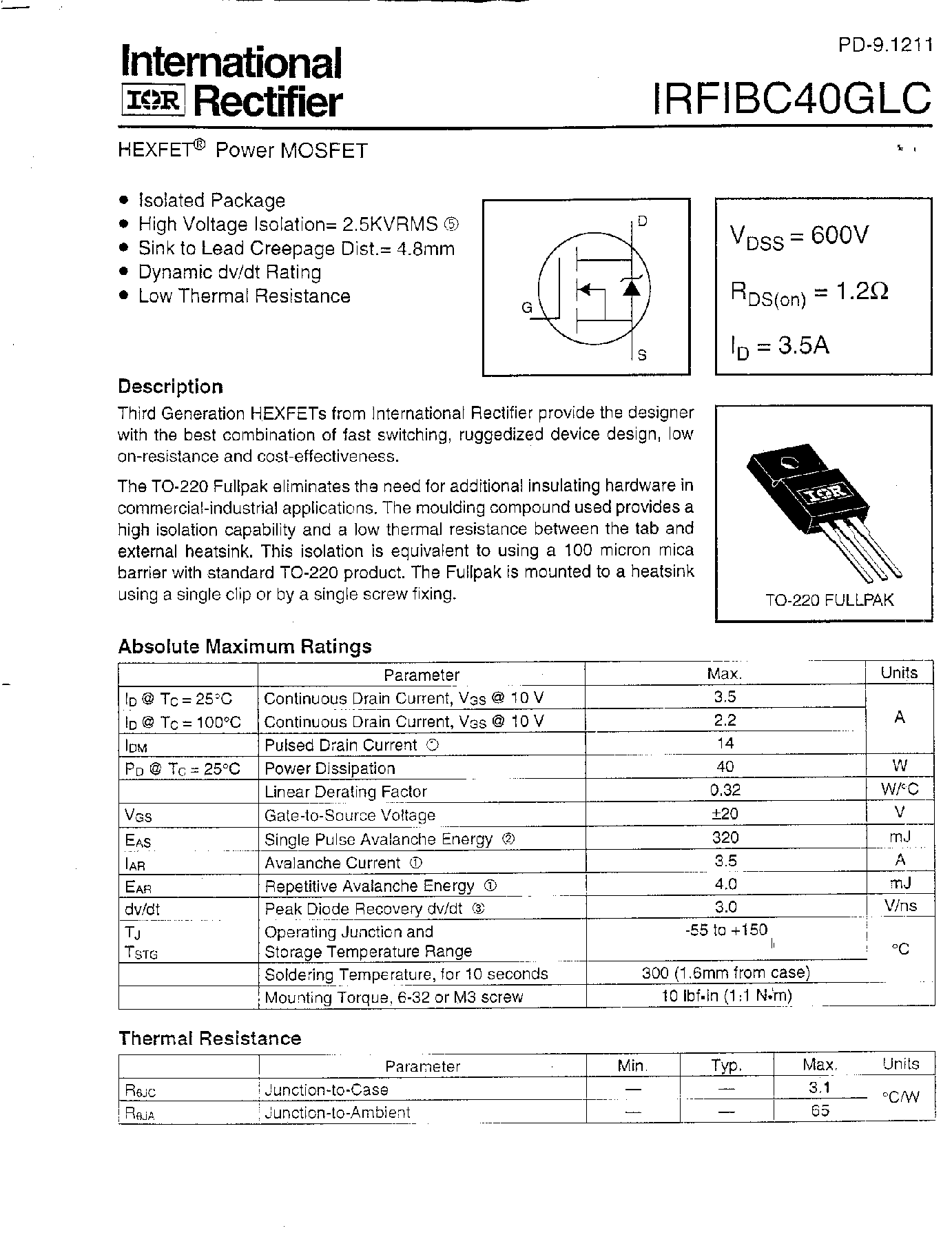 Datasheet IRFIBC40GLC - Power MOSFET(Vdss=600V/ Rds(on)=1.2ohm/ Id=3.5A) page 1
