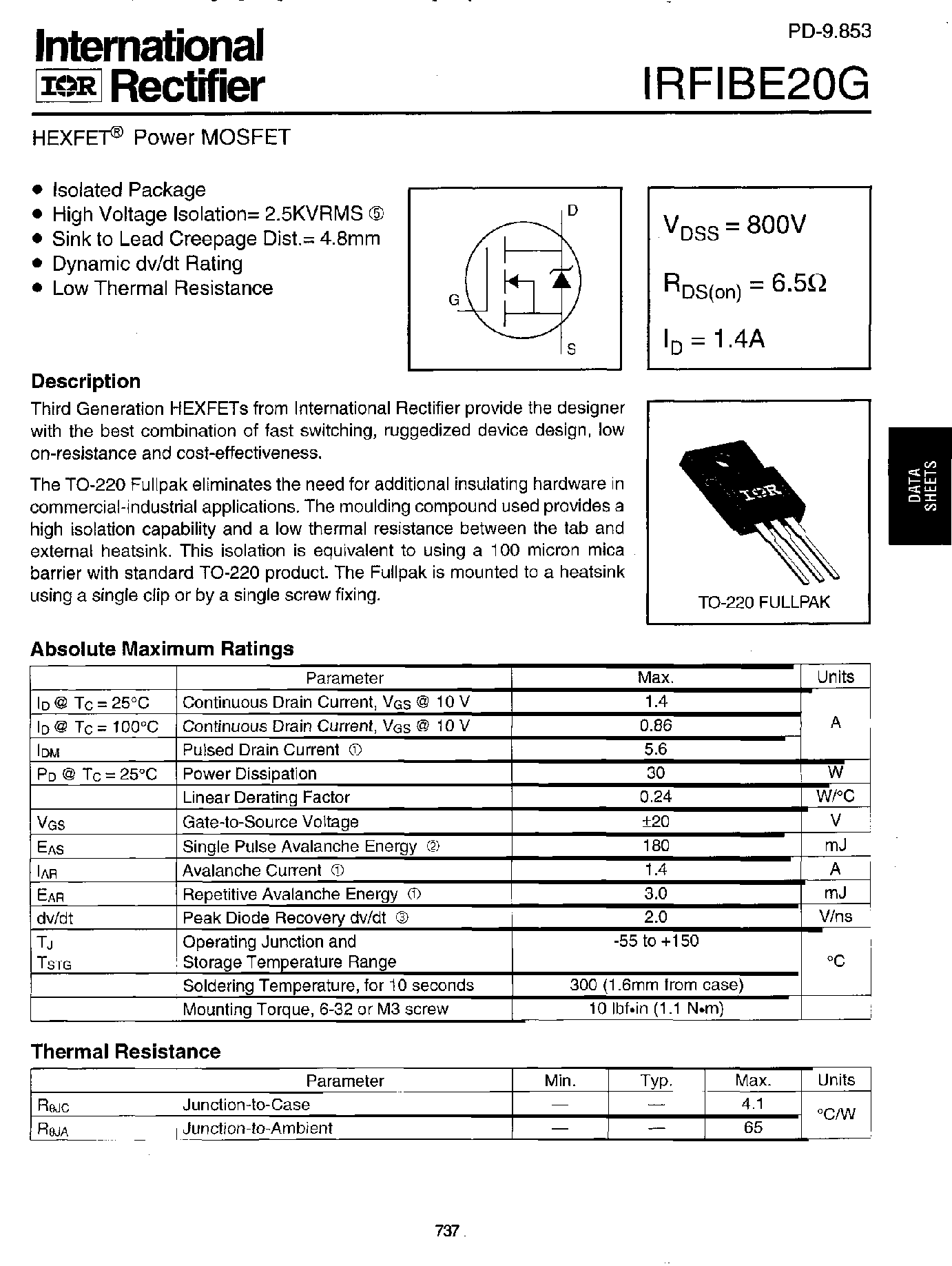 Datasheet IRFIBE20G page 1 Datasheet IRFIBE20G - Power MOSFET(Vdss=800V/ Rds(on)=6.5ohm/ Id=1.4A) page 1