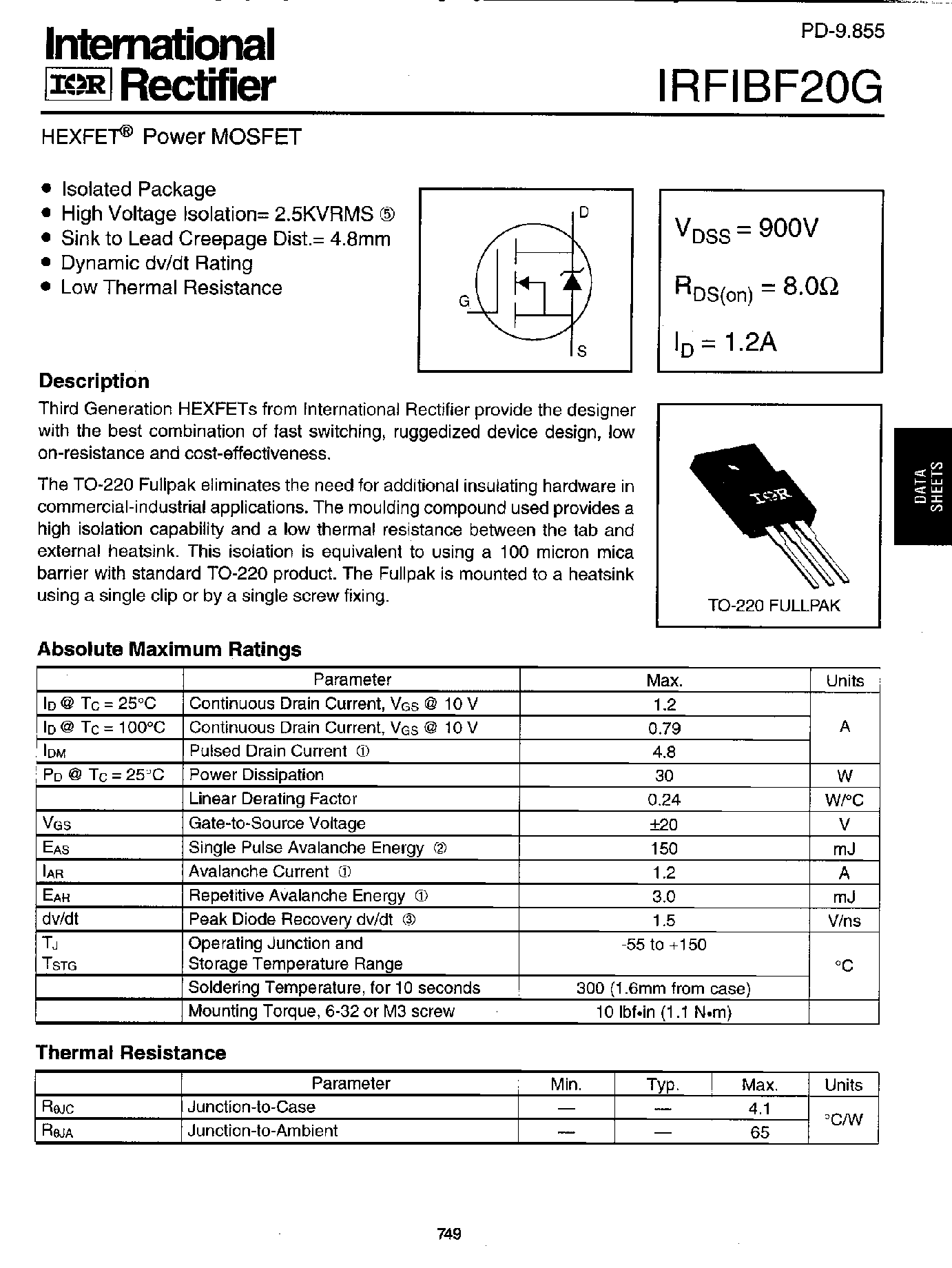Datasheet IRFIBF20G - Power MOSFET(Vdss=900V/ Rds(on)=8.0ohm/ Id=1.2A) page 1