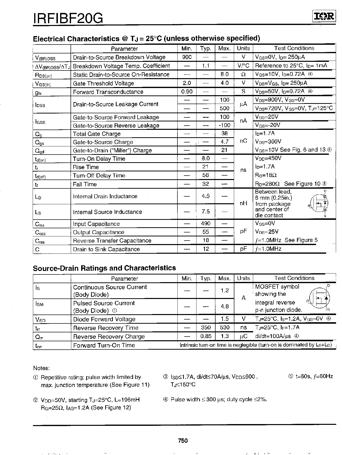 Datasheet IRFIBF20G - Power MOSFET(Vdss=900V/ Rds(on)=8.0ohm/ Id=1.2A) page 2