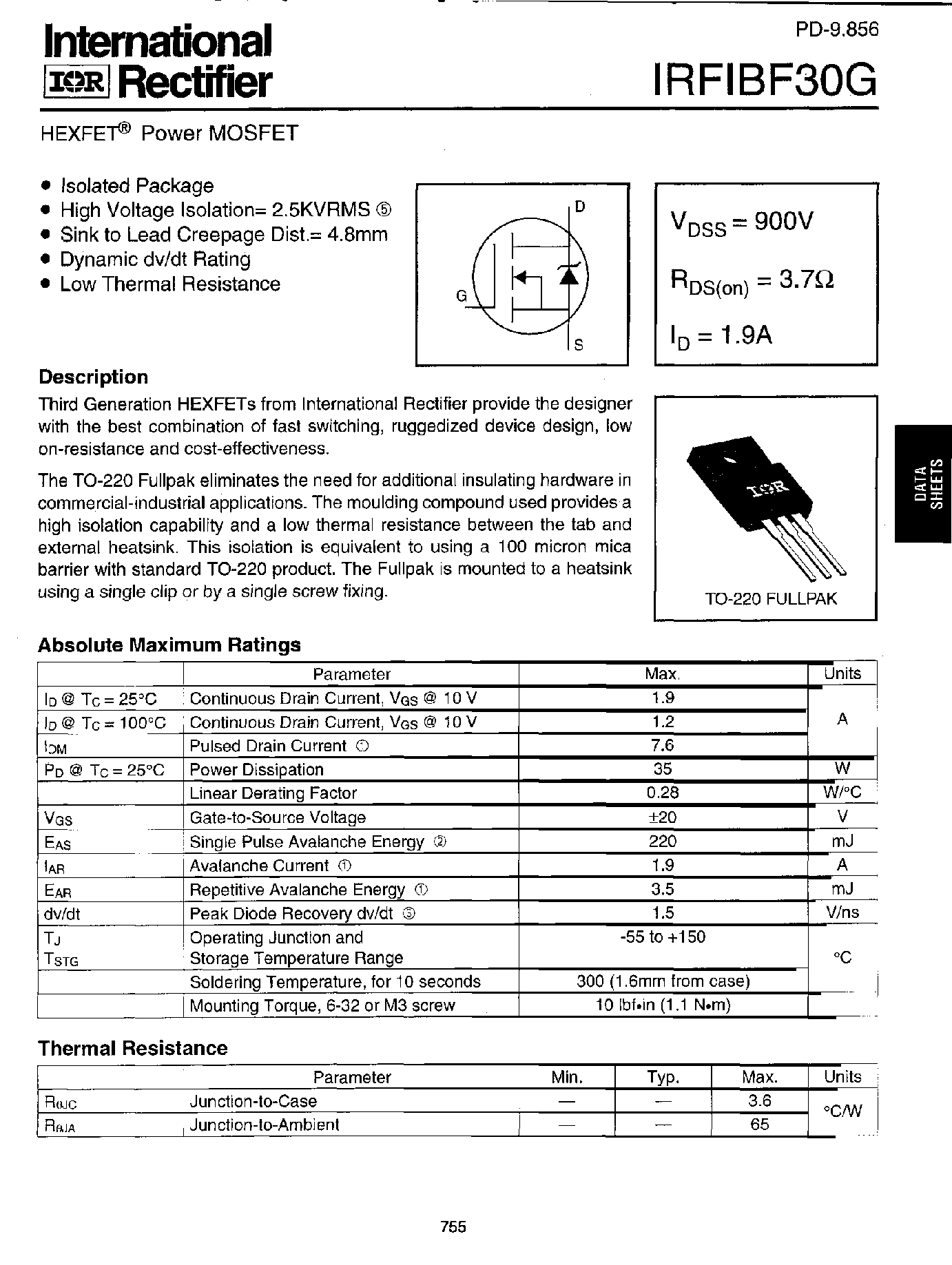 Datasheet IRFIBF30G - Power MOSFET(Vdss=900V/ Rds(on)=3.7ohm/ Id=1.9A) page 1