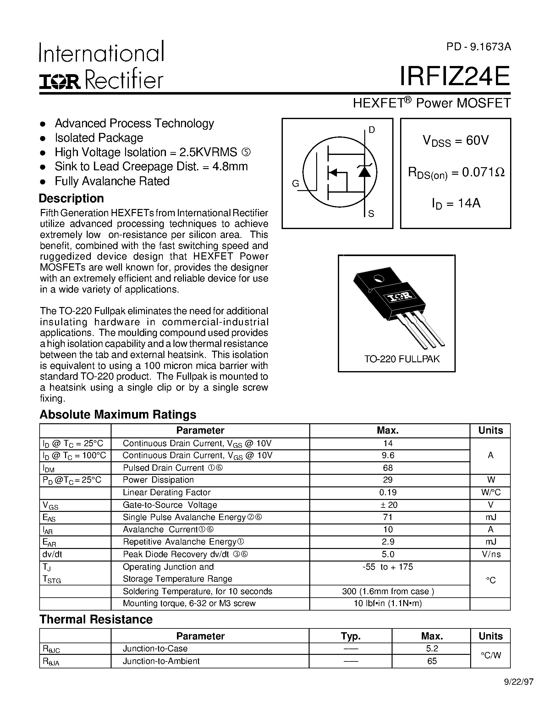 Datasheet IRFIZ24E - Power MOSFET(Vdss=60V/ Rds(on)=0.071ohm/ Id=14A) page 1