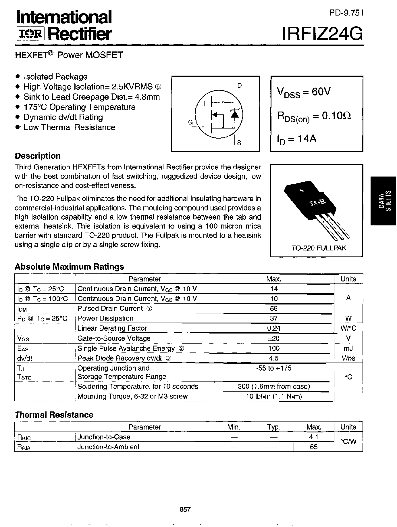 Datasheet IRFIZ24G - HEXFET POWER MOSFET page 1