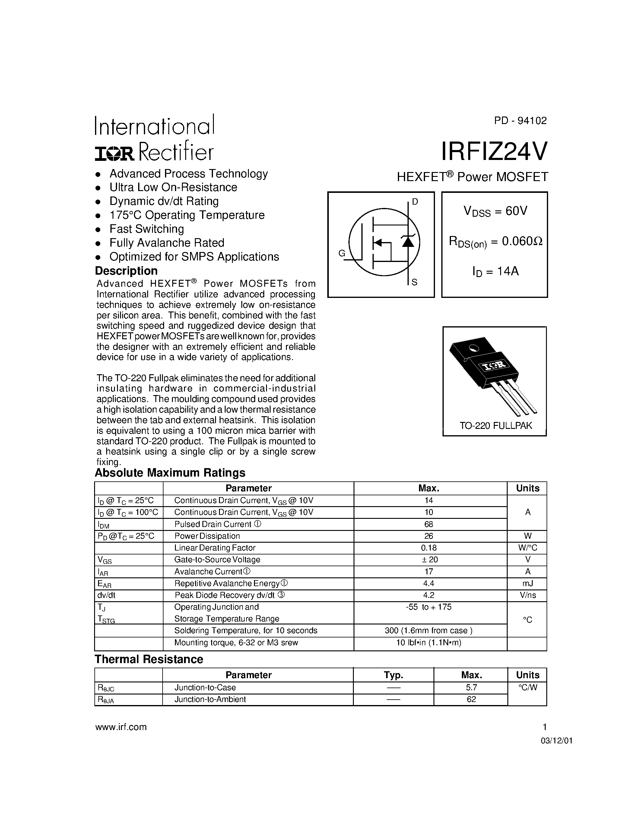 Datasheet IRFIZ24V - Power MOSFET(Vdss=60V/ Rds(on)=0.060ohm/ Id=14A) page 1