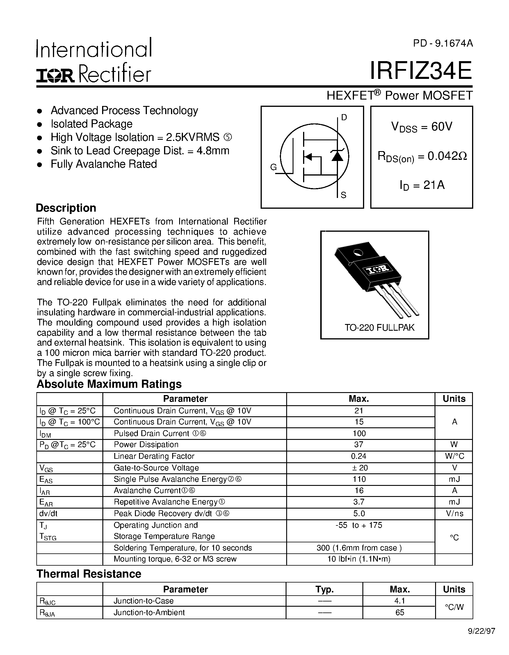 Datasheet IRFIZ34E - Power MOSFET(Vdss=60V/ Rds(on)=0.042ohm/ Id=21A) page 1