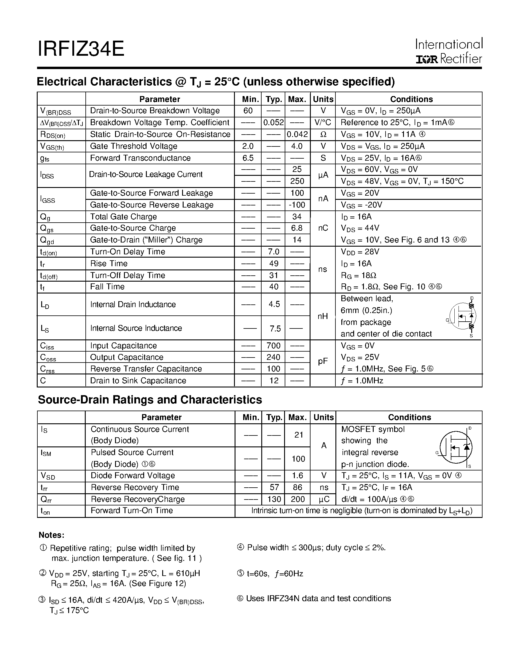 Datasheet IRFIZ34E - Power MOSFET(Vdss=60V/ Rds(on)=0.042ohm/ Id=21A) page 2