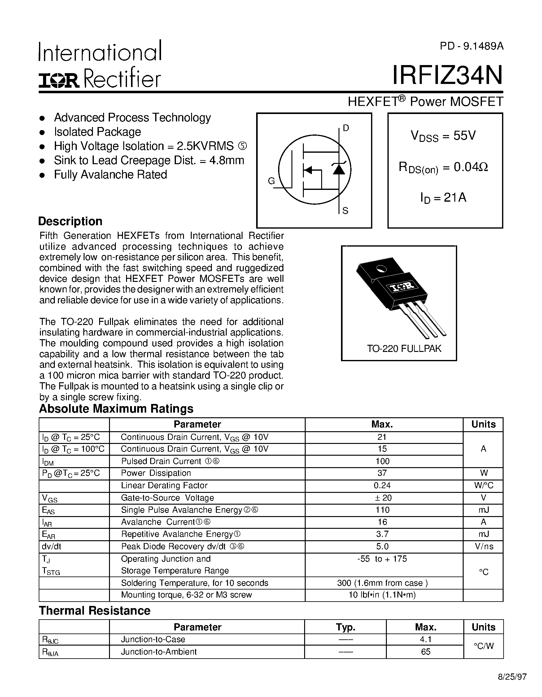 Datasheet IRFIZ34N - Power MOSFET(Vdss=55V/ Rds(on)=0.04ohm/ Id=21A) page 1