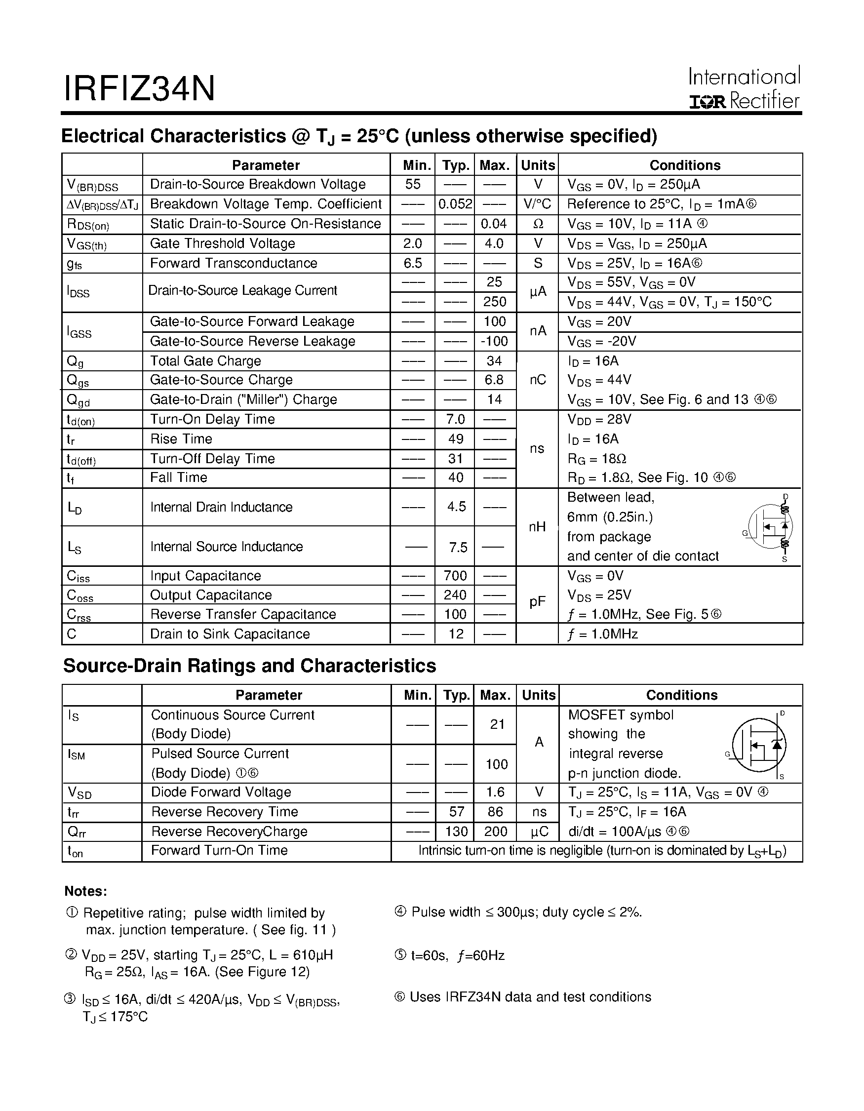Datasheet IRFIZ34N - Power MOSFET(Vdss=55V/ Rds(on)=0.04ohm/ Id=21A) page 2