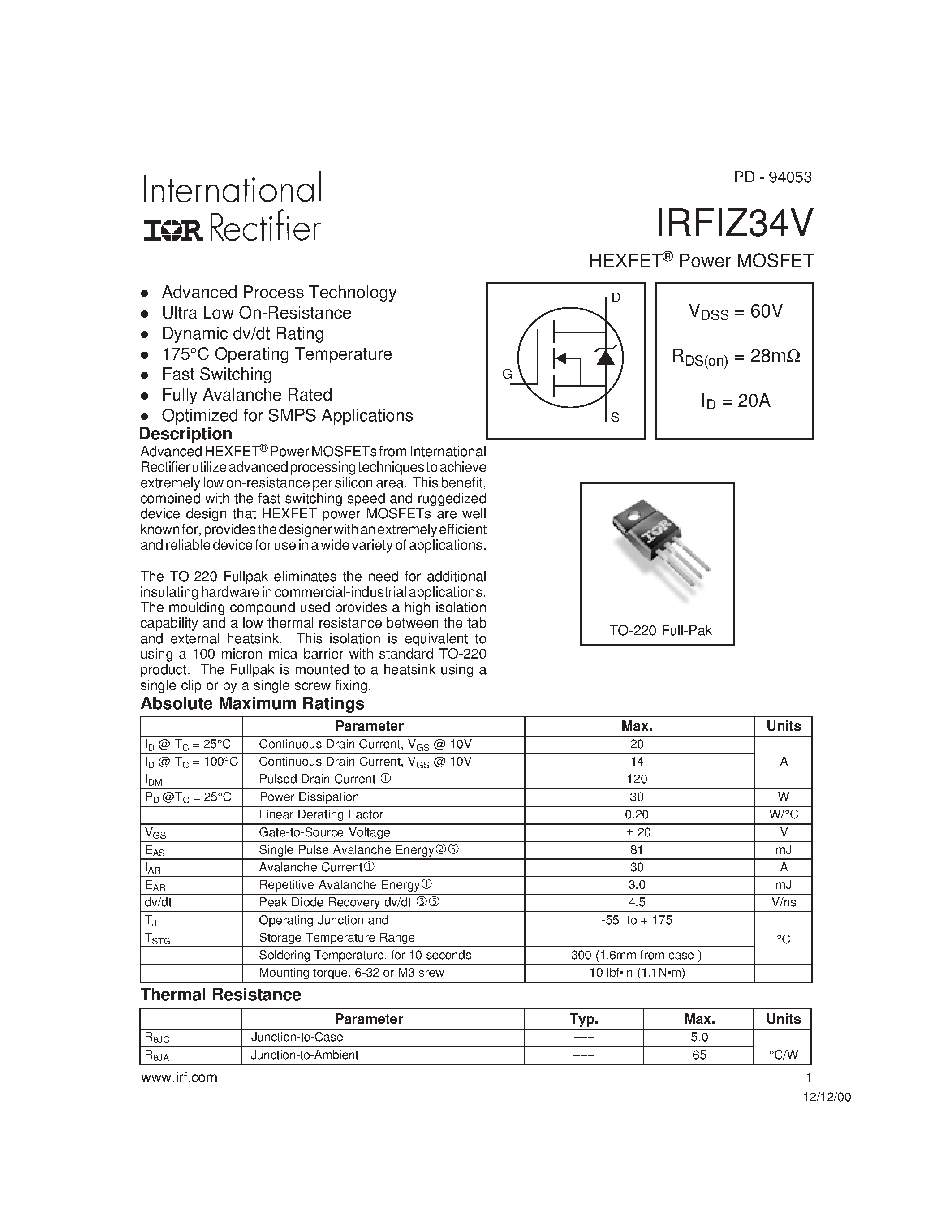 Datasheet IRFIZ34V - Power MOSFET(Vdss=60V/ Rds(on)=28mohm/ Id=20A) page 1