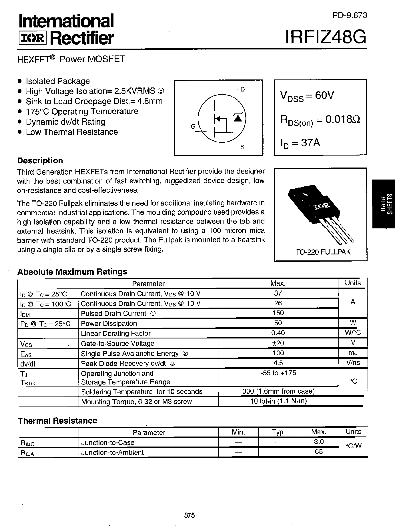 Datasheet IRFIZ48 - Power MOSFET(Vdss=60V/ Rds(on)=12mohm/ Id=39A) page 1