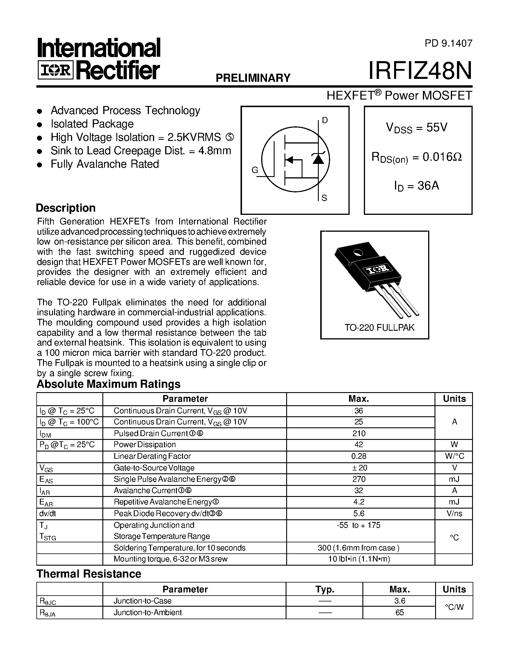 Datasheet IRFIZ48N - Power MOSFET(Vdss=55V/ Rds(on)=0.016ohm/ Id=36A) page 1
