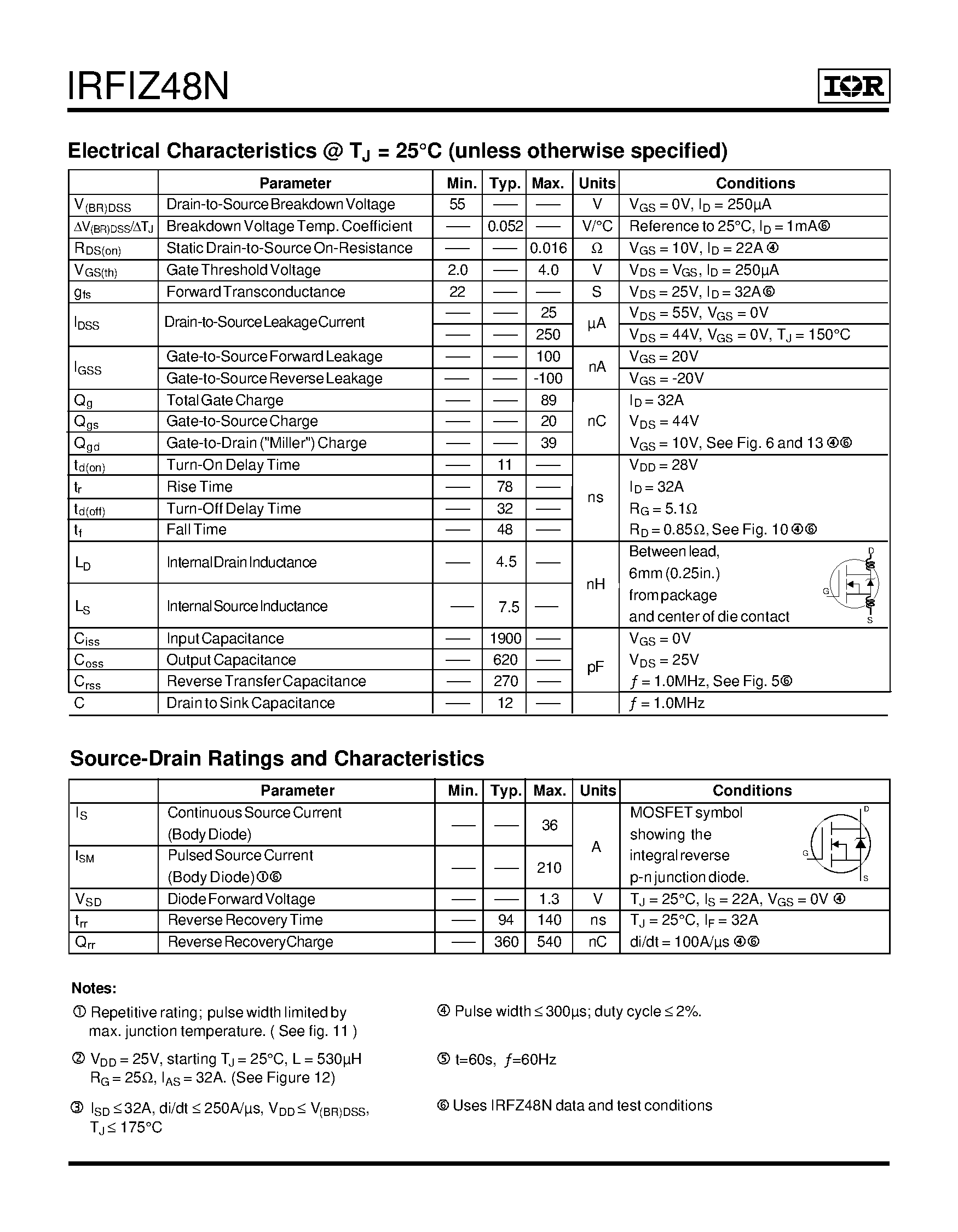 Datasheet IRFIZ48N - Power MOSFET(Vdss=55V/ Rds(on)=0.016ohm/ Id=36A) page 2