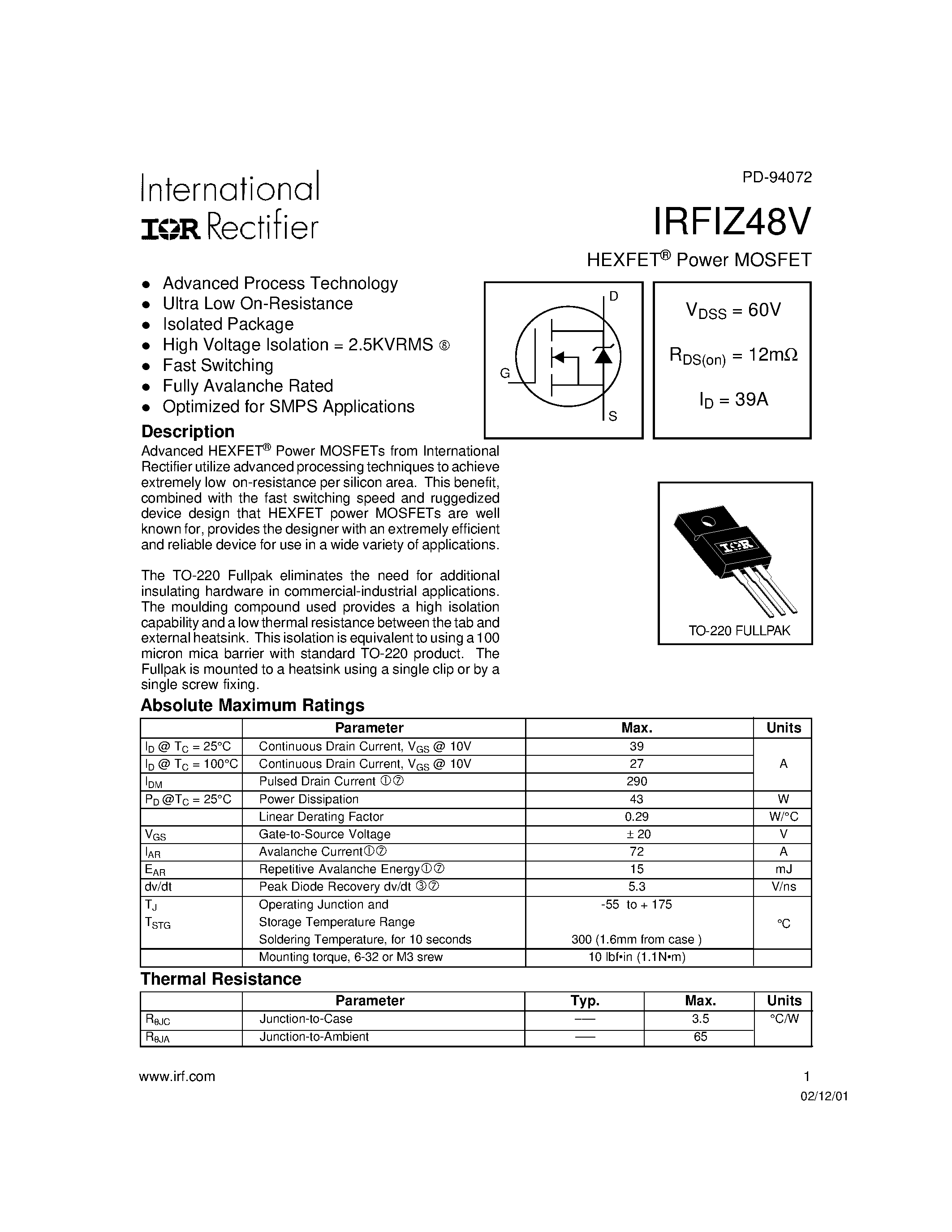 Datasheet IRFIZ48V - Power MOSFET(Vdss=60V/ Rds(on)=12mohm/ Id=39A) page 1