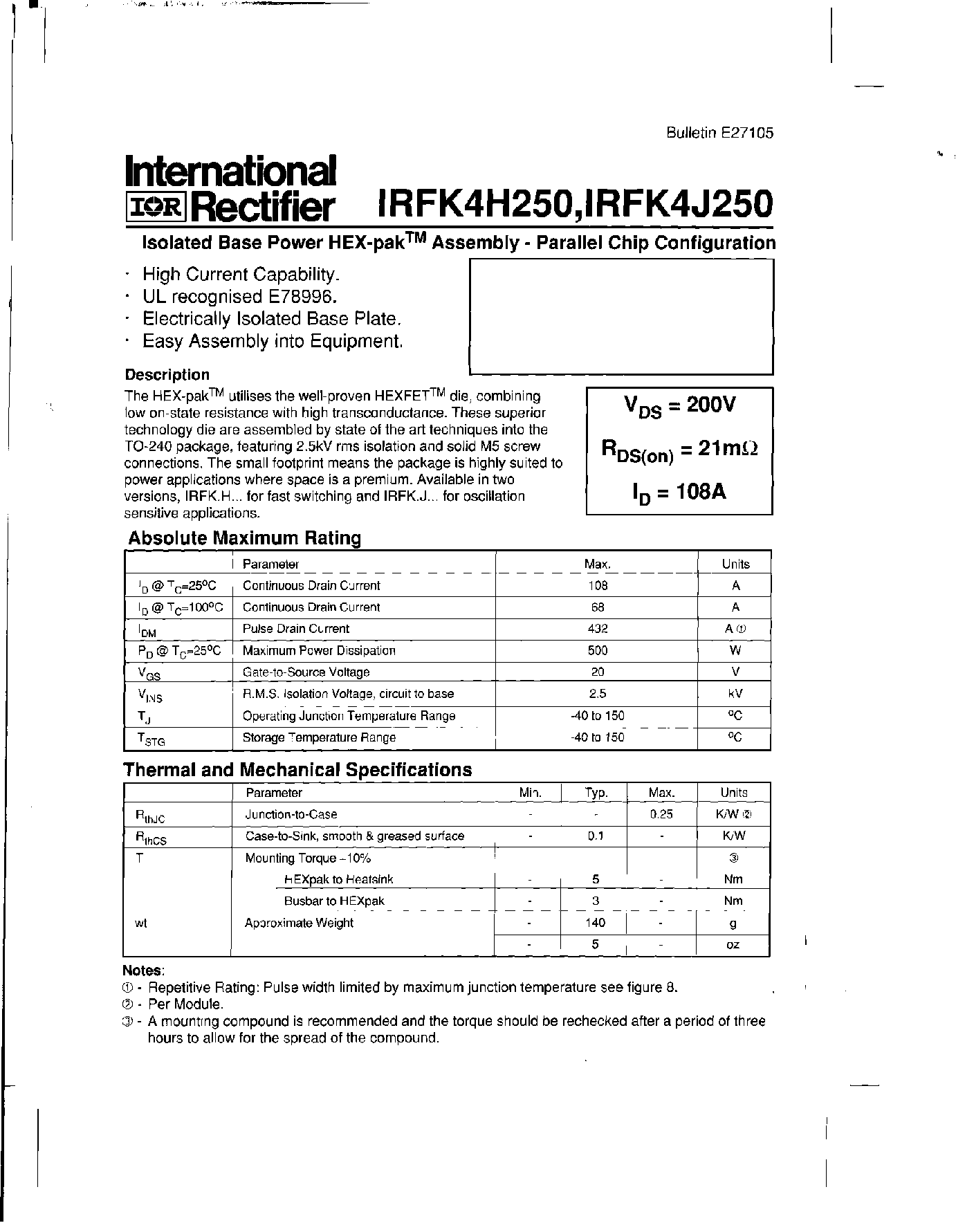 Datasheet IRFK4H250 - ISOLATED BASE POWER HEX PAK ASSEMBLY PARALLEL CHIP CONFIGURATION page 1