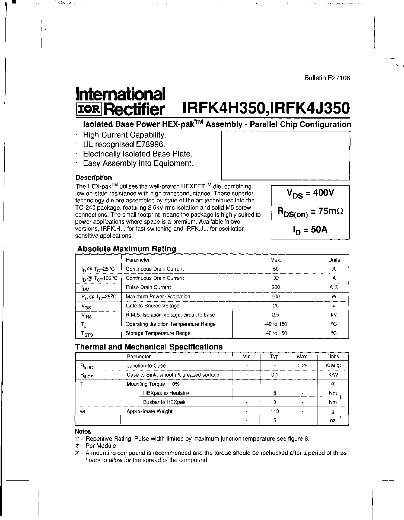 Datasheet IRFK4H450 - ISOLATED BASE POWER HEX PAK ASSEMBLY PARALLEL CHIP CONFIGURATION page 1