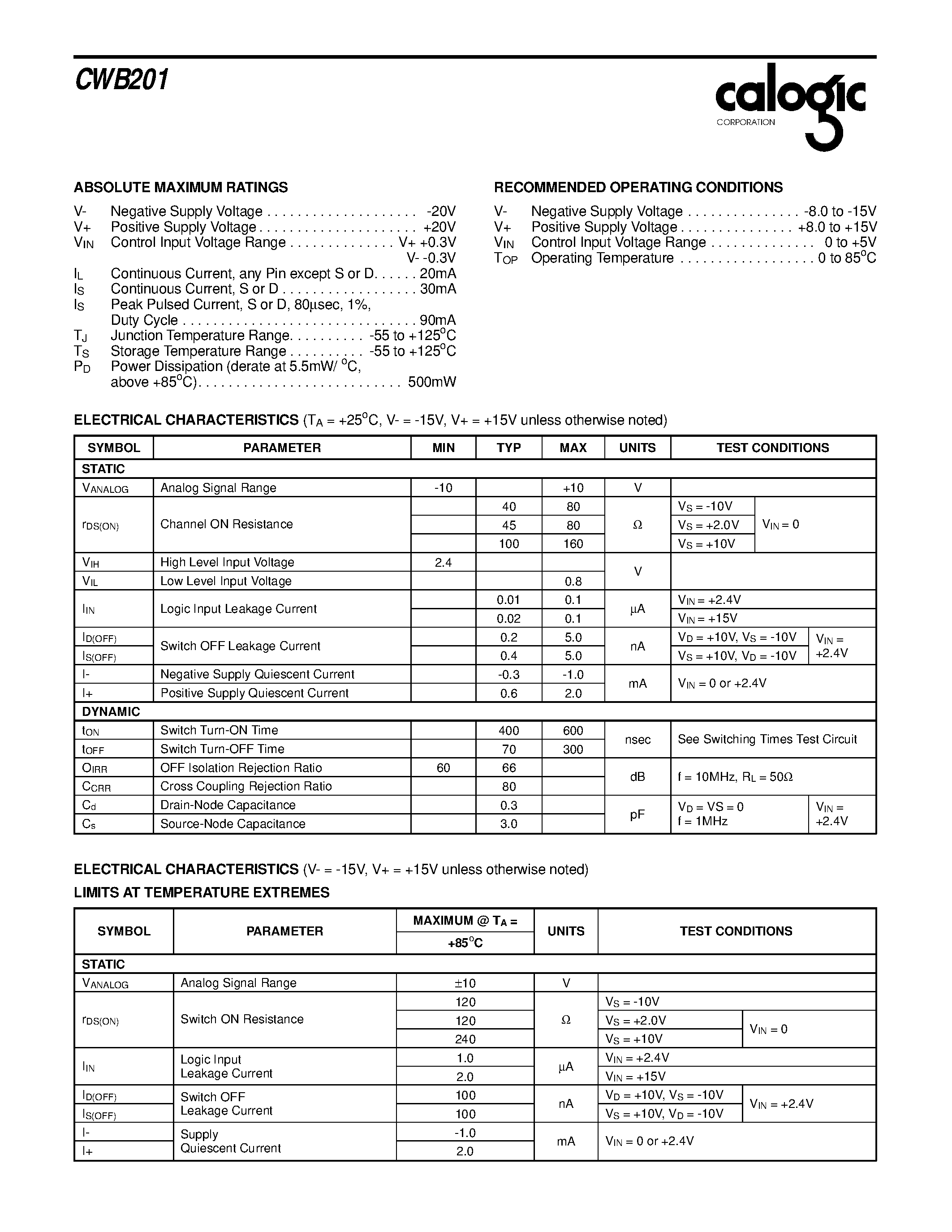 Datasheet XCWB201 - 100MHz CMOS/DMOS Wideband Quad Analog Switch page 2