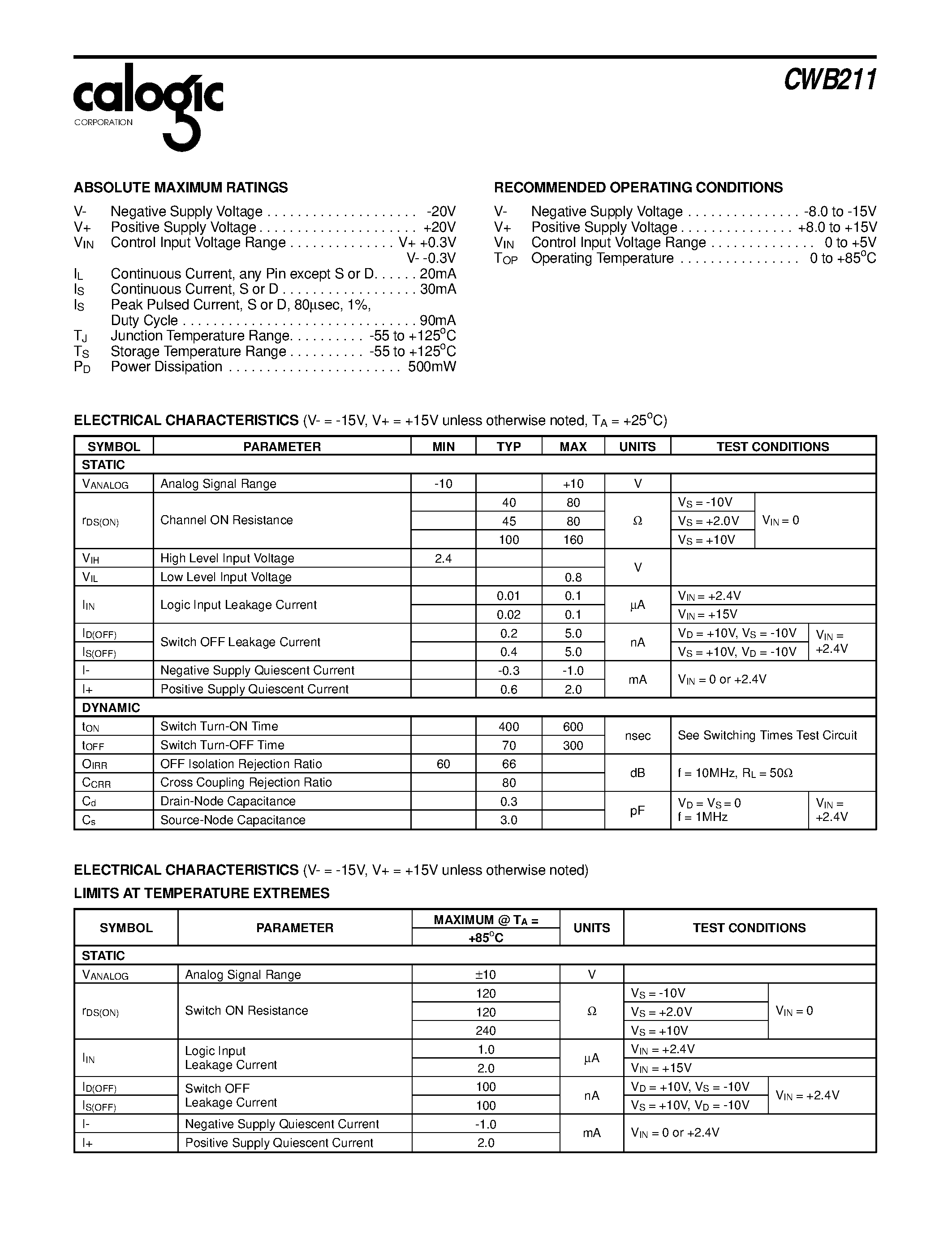 Datasheet XCWB211 - 100MHz CMOS/DMOS Wideband Analog Switch page 2