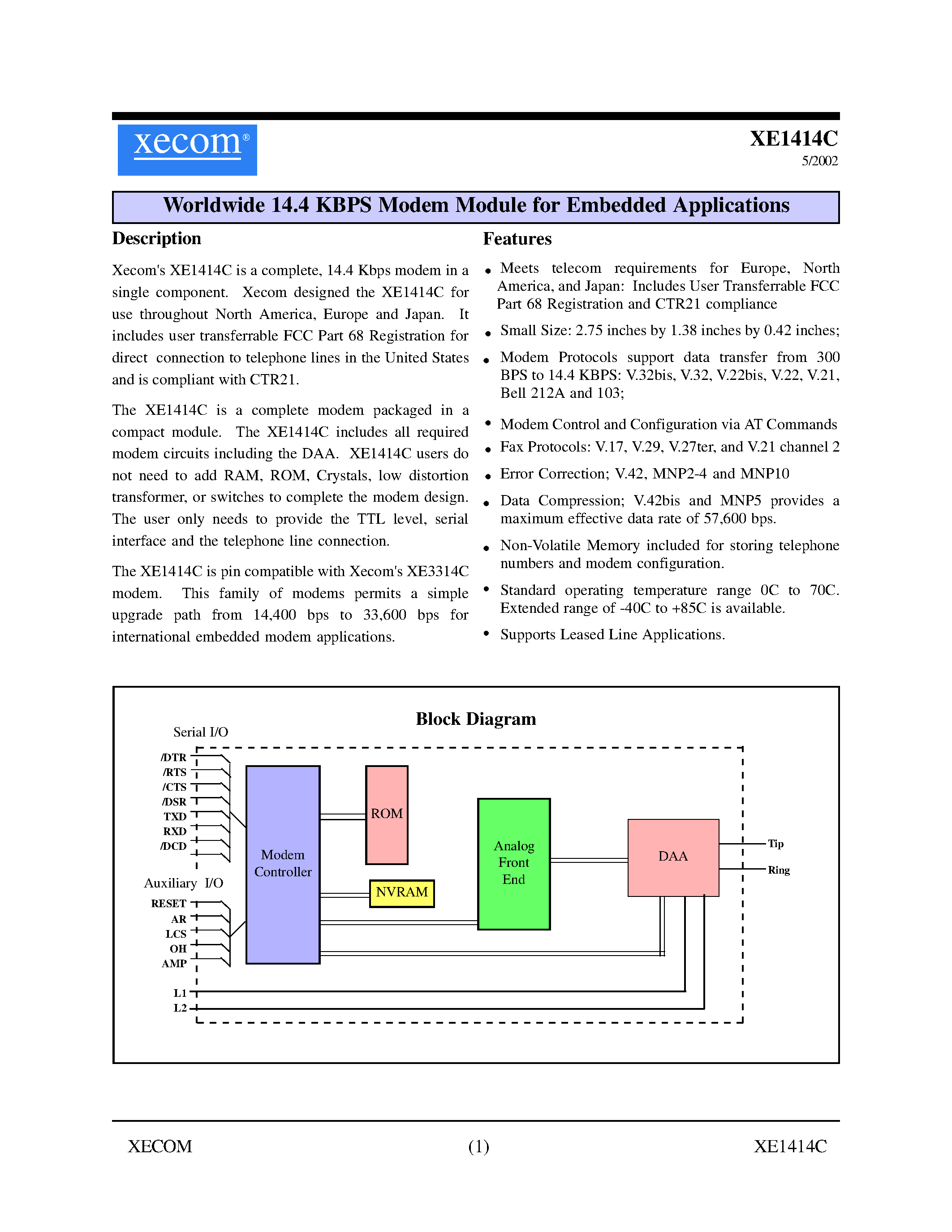 Даташит на микросхему XE1414 страница 1 Даташит XE1414 - Worldwide 14.4 KBPS Modem Module for Embedded Applications страница 1