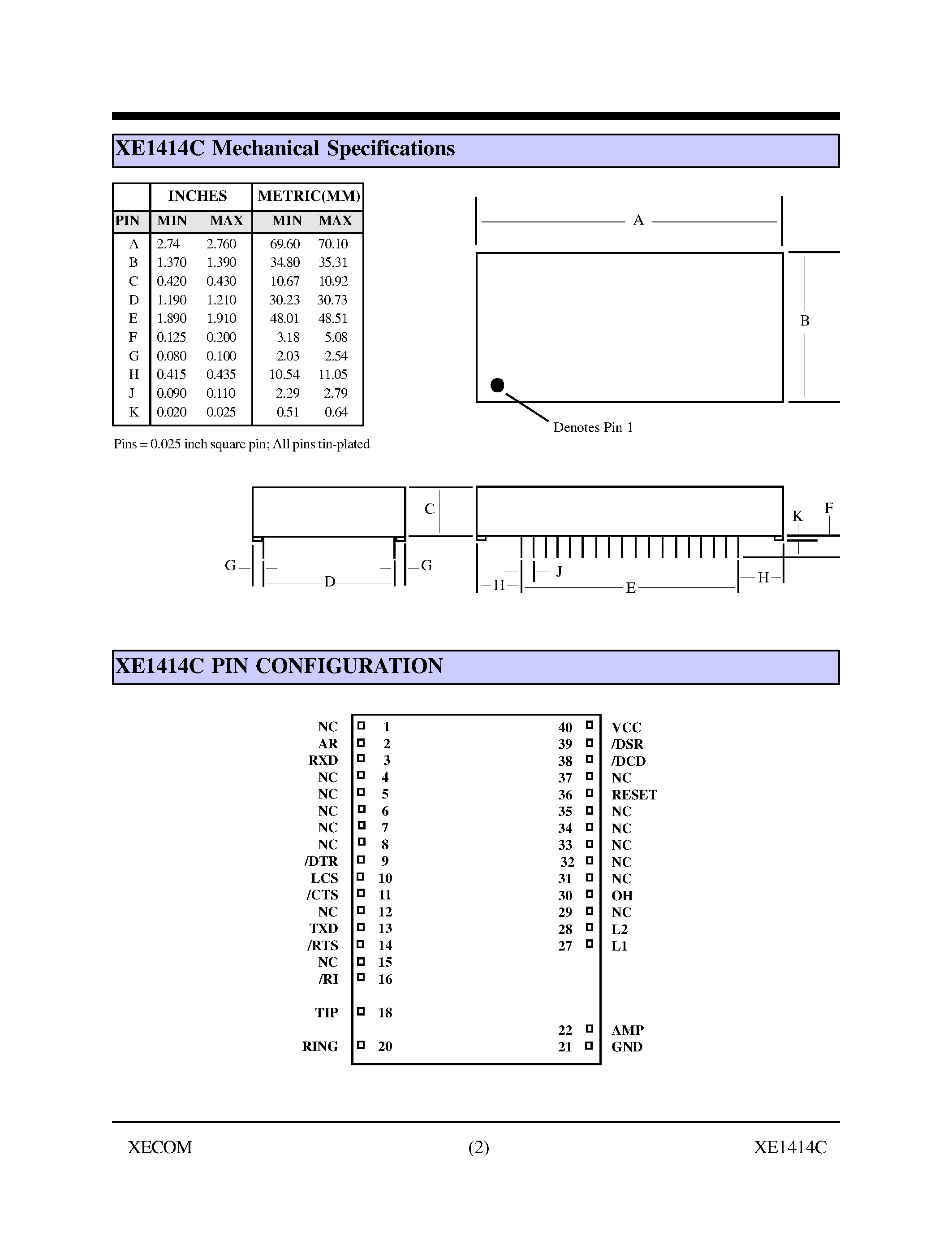 Даташит XE1414C - Worldwide 14.4 KBPS Modem Module for Embedded Applications страница 2
