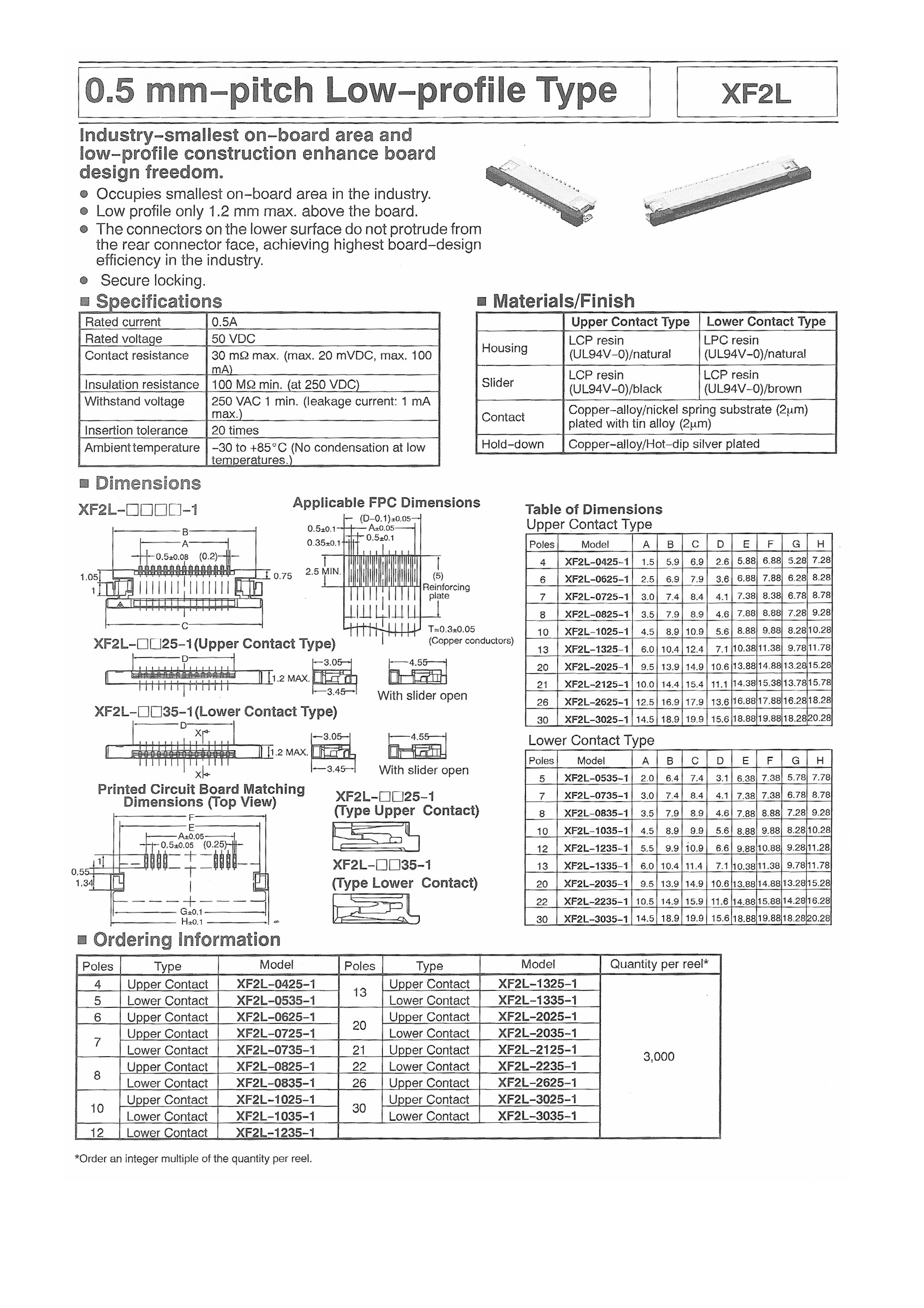 Datasheet XF2L - 0.5MM PITCH LOW PROFILE TYPE page 1