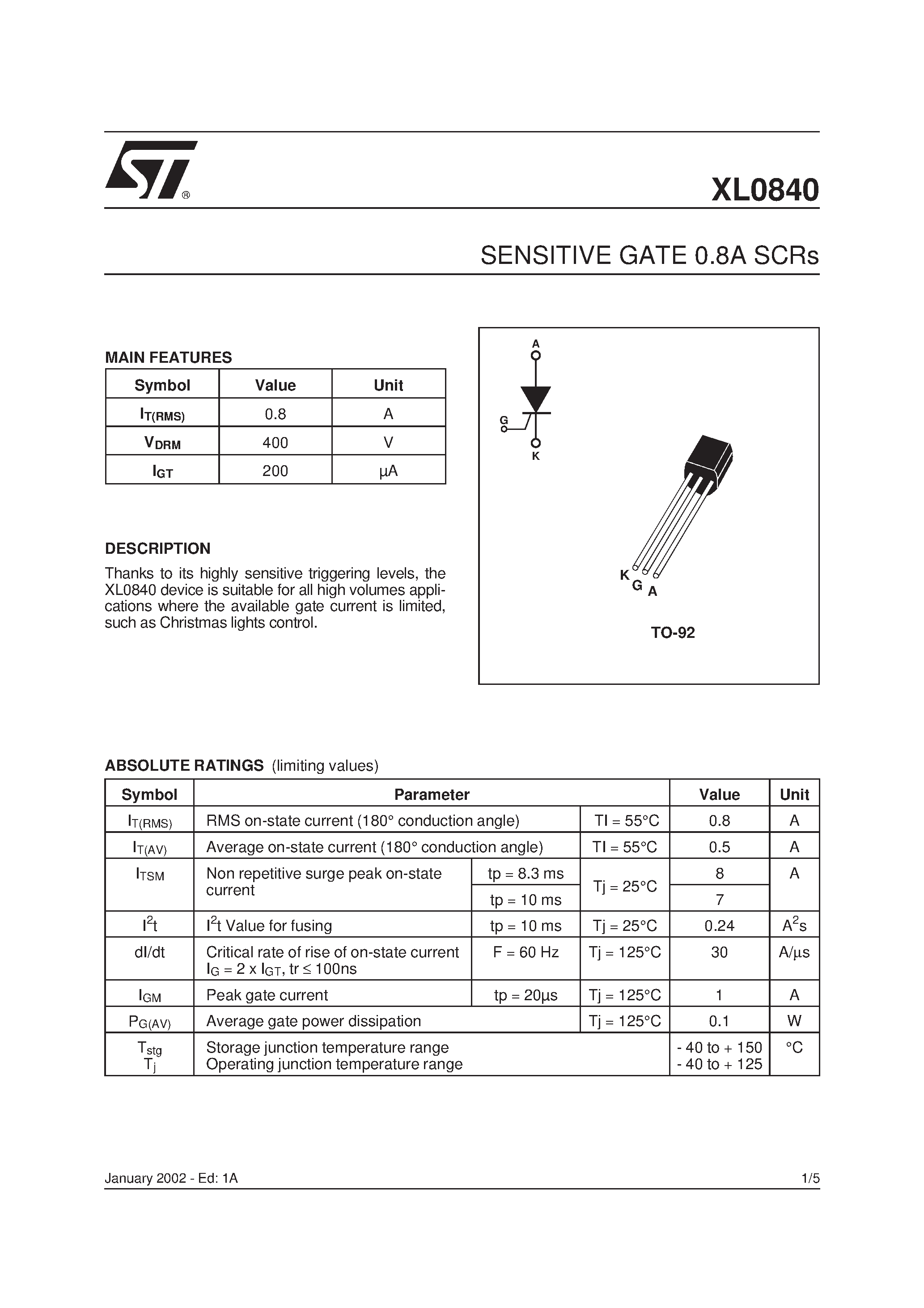 Datasheet XL0840 - SENSITIVE GATE 0.8A SCRs page 1