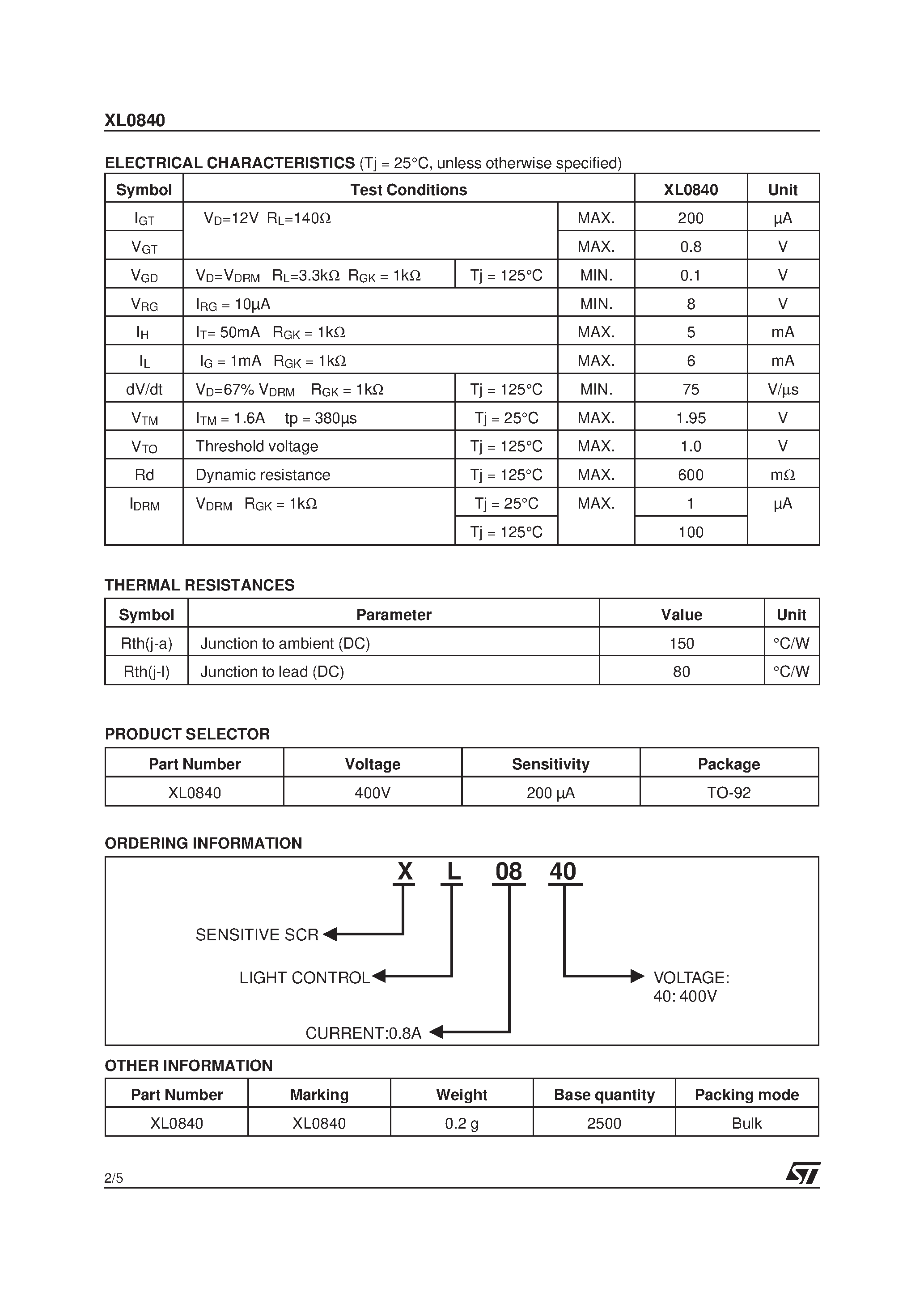 Datasheet XL0840 - SENSITIVE GATE 0.8A SCRs page 2