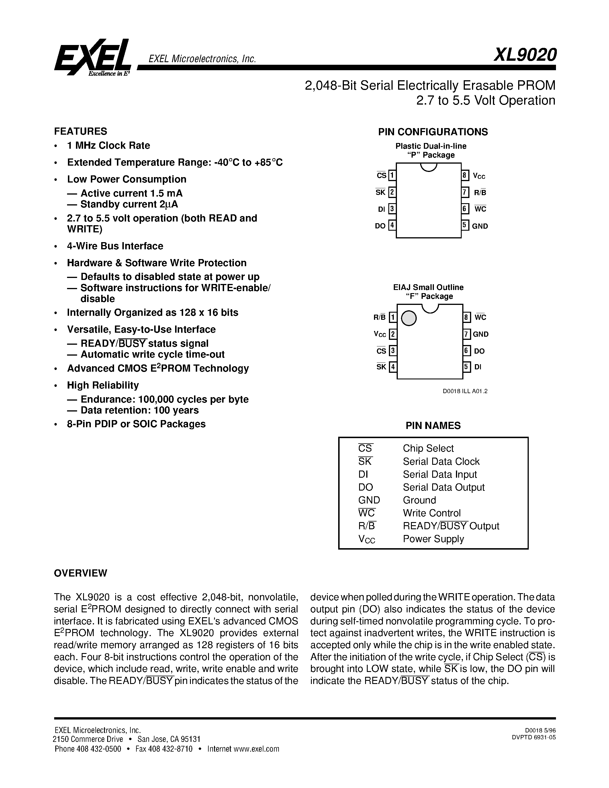 Datasheet XL9020F - 2/048-Bit Serial Electrically Erasable PROM 2.7 to 5.5 Volt Operation page 1