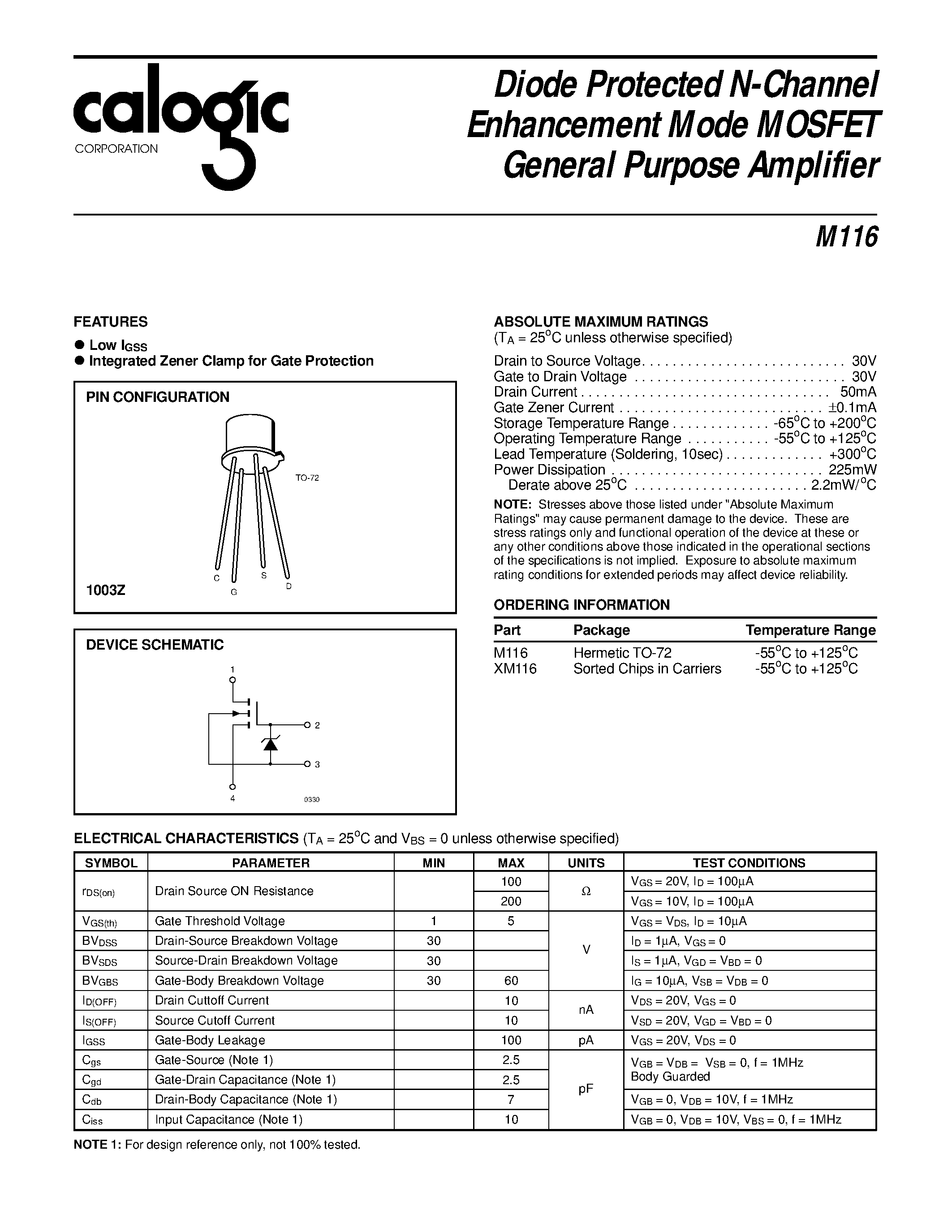Datasheet XM116 - Diode Protected N-Channel Enhancement Mode MOSFET General Purpose Amplifier page 1