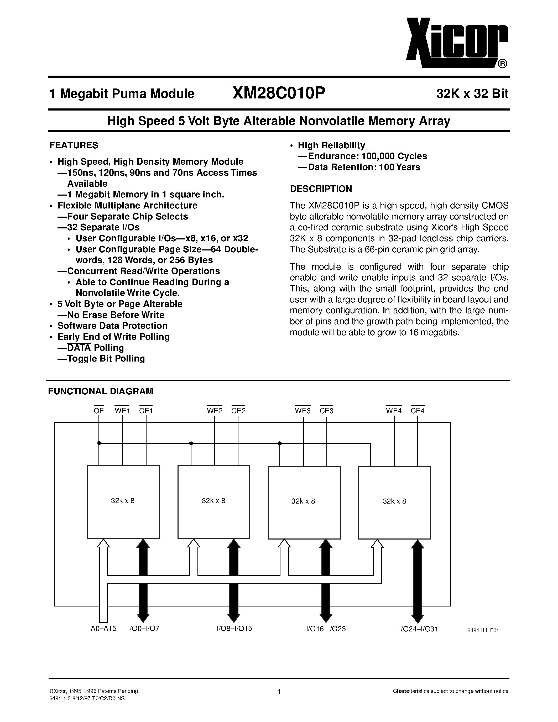 Datasheet XM28C010PMHR-20 page 1 Datasheet XM28C010PMHR-20 - High Speed 5 Volt Byte Alterable Nonvolatile Memory Array page 1