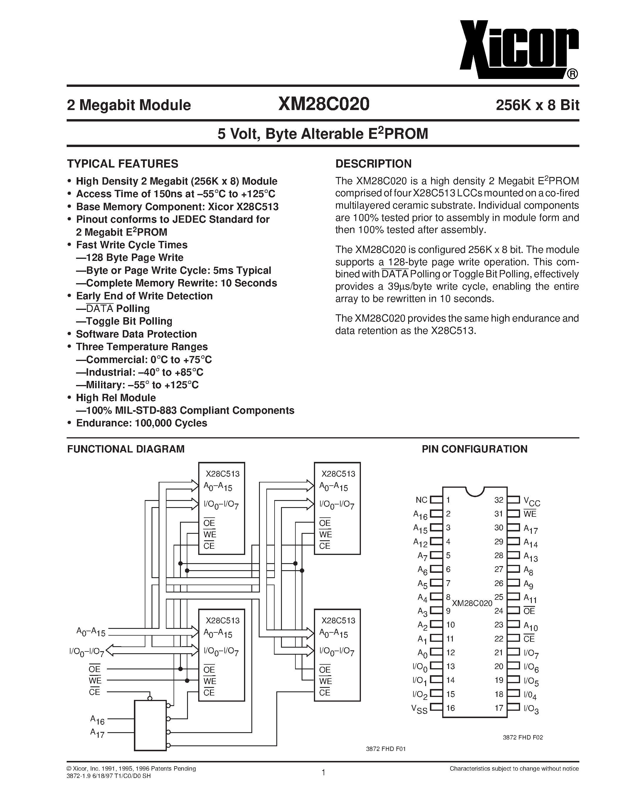 Даташит XM28C020PI-15 - 5 Volt/ Byte Alterable E2PROM страница 1