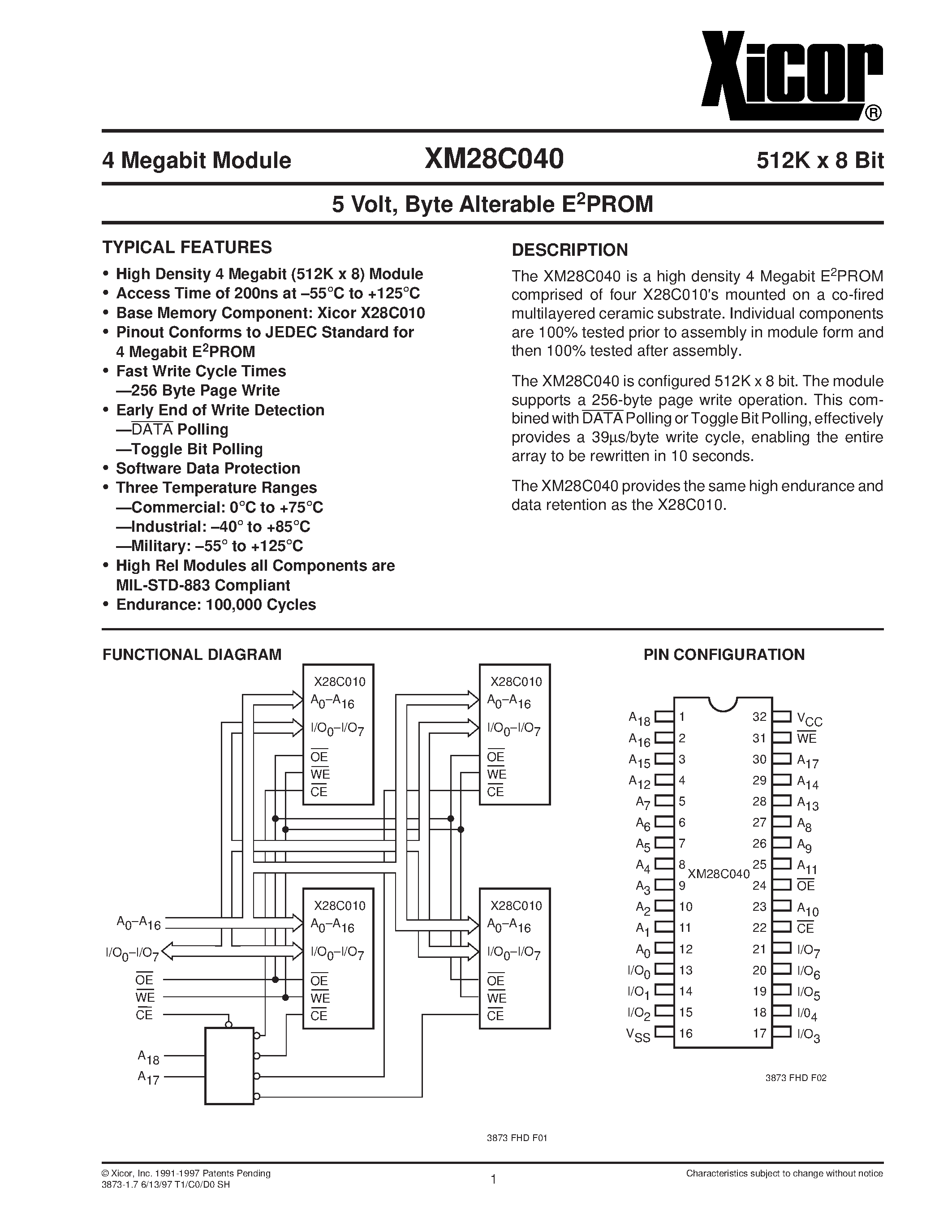 Даташит XM28C040M - 5 Volt/ Byte Alterable E2PROM страница 1