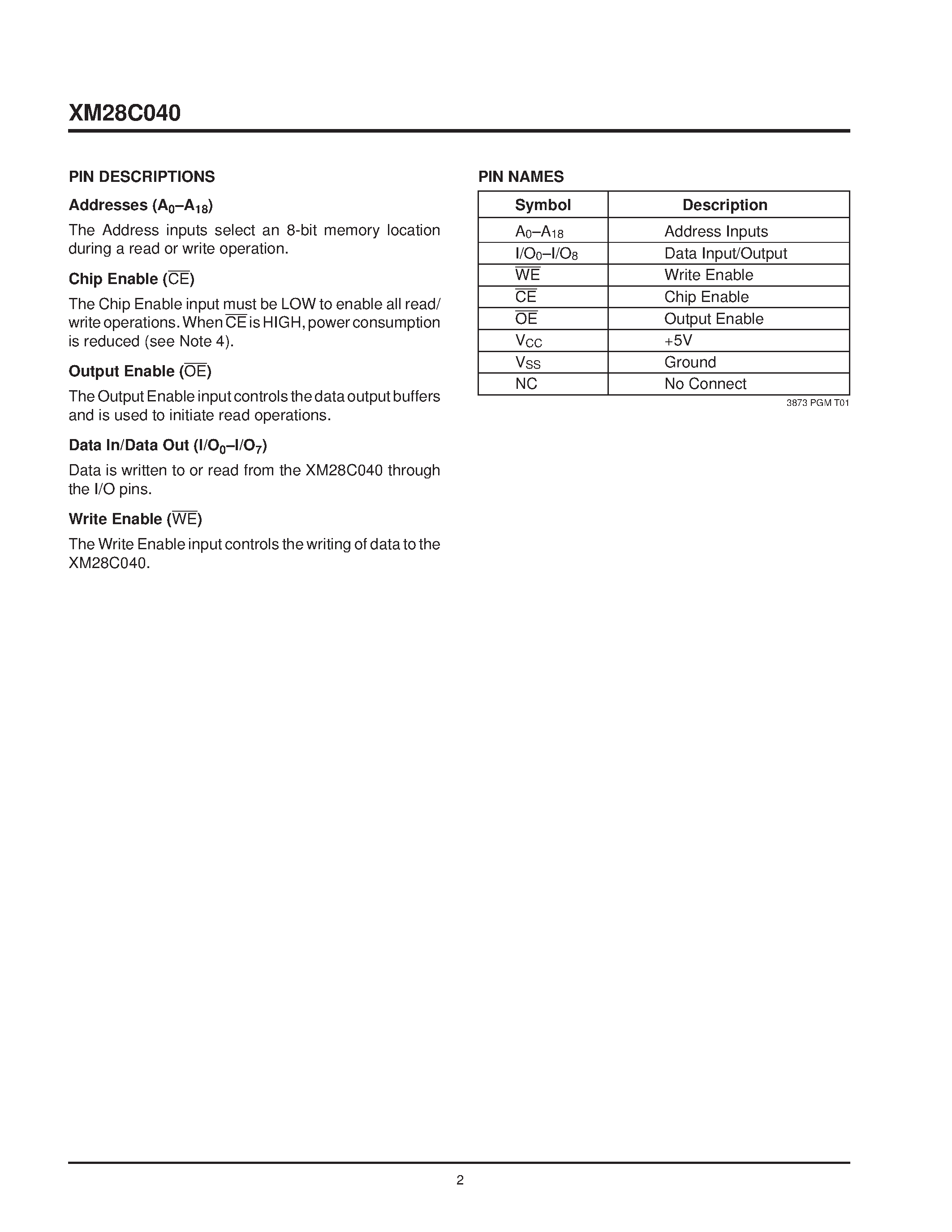 Datasheet XM28C040MHR page 2 Datasheet XM28C040MHR - 5 Volt/ Byte Alterable E2PROM page 2