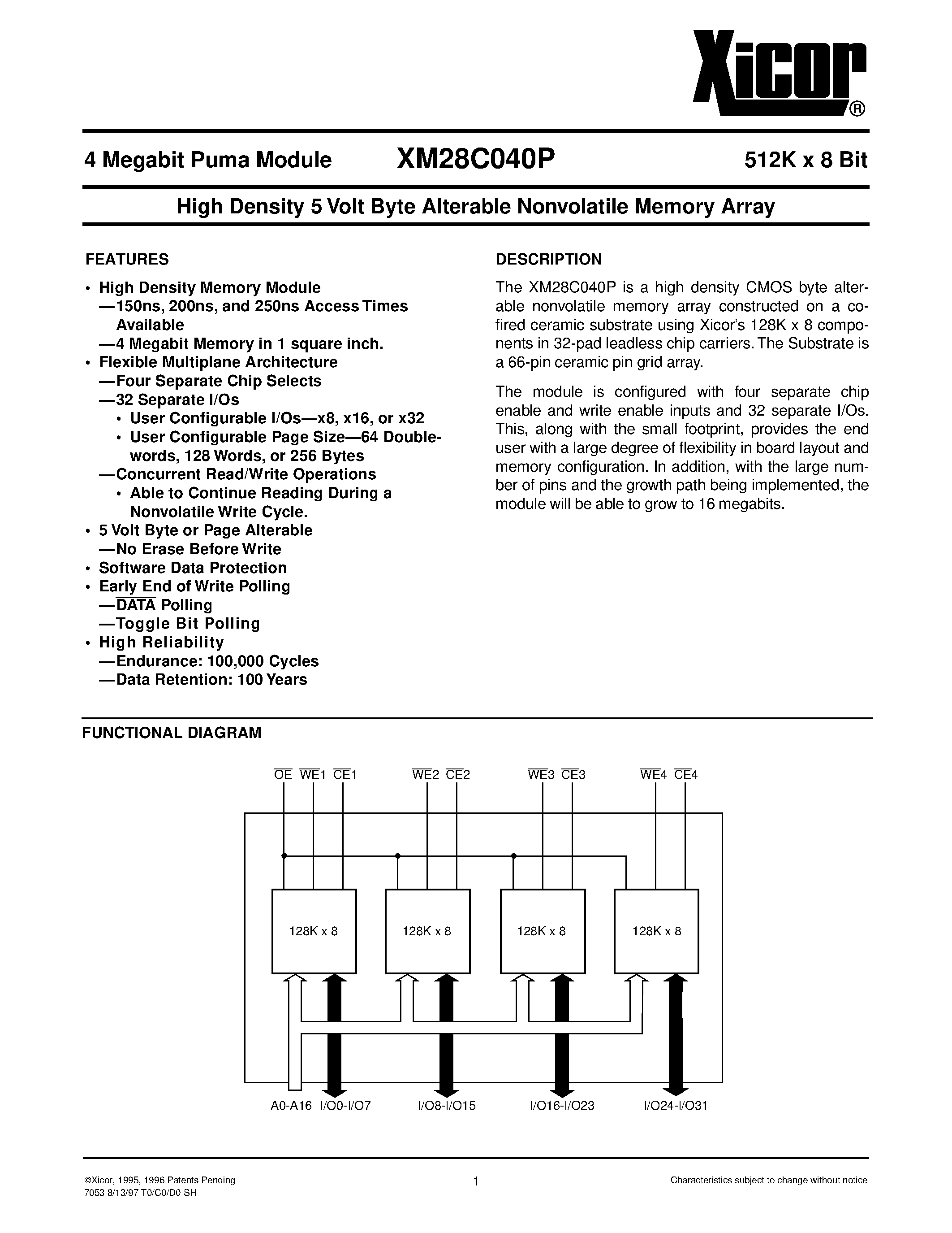Datasheet XM28C040PM-15 page 1 Datasheet XM28C040PM-15 - High Density 5 Volt Byte Alterable Nonvolatile Memory Array page 1