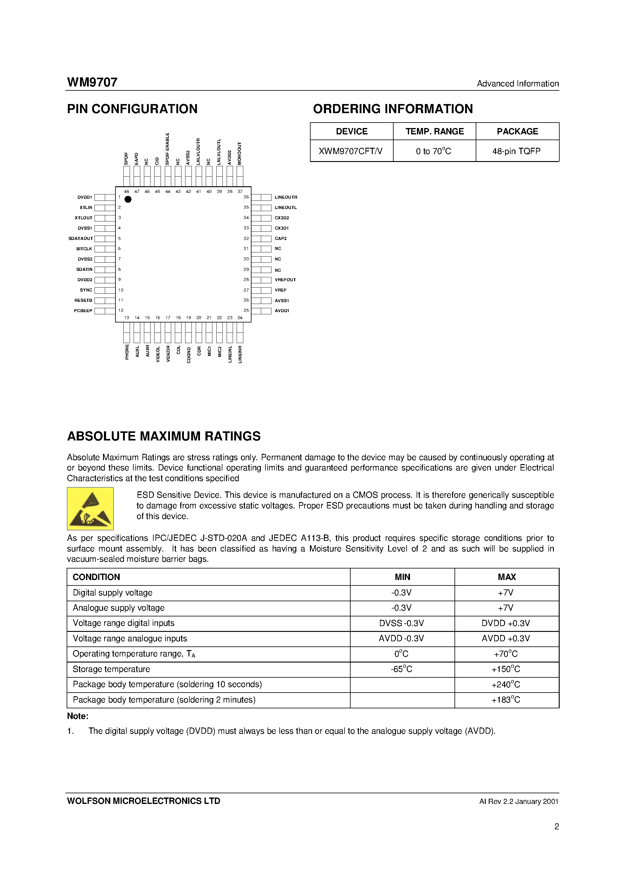 Datasheet XM9707CFT/V - AC97 Revision 2.1 Audio Codec with Spdif Output page 2