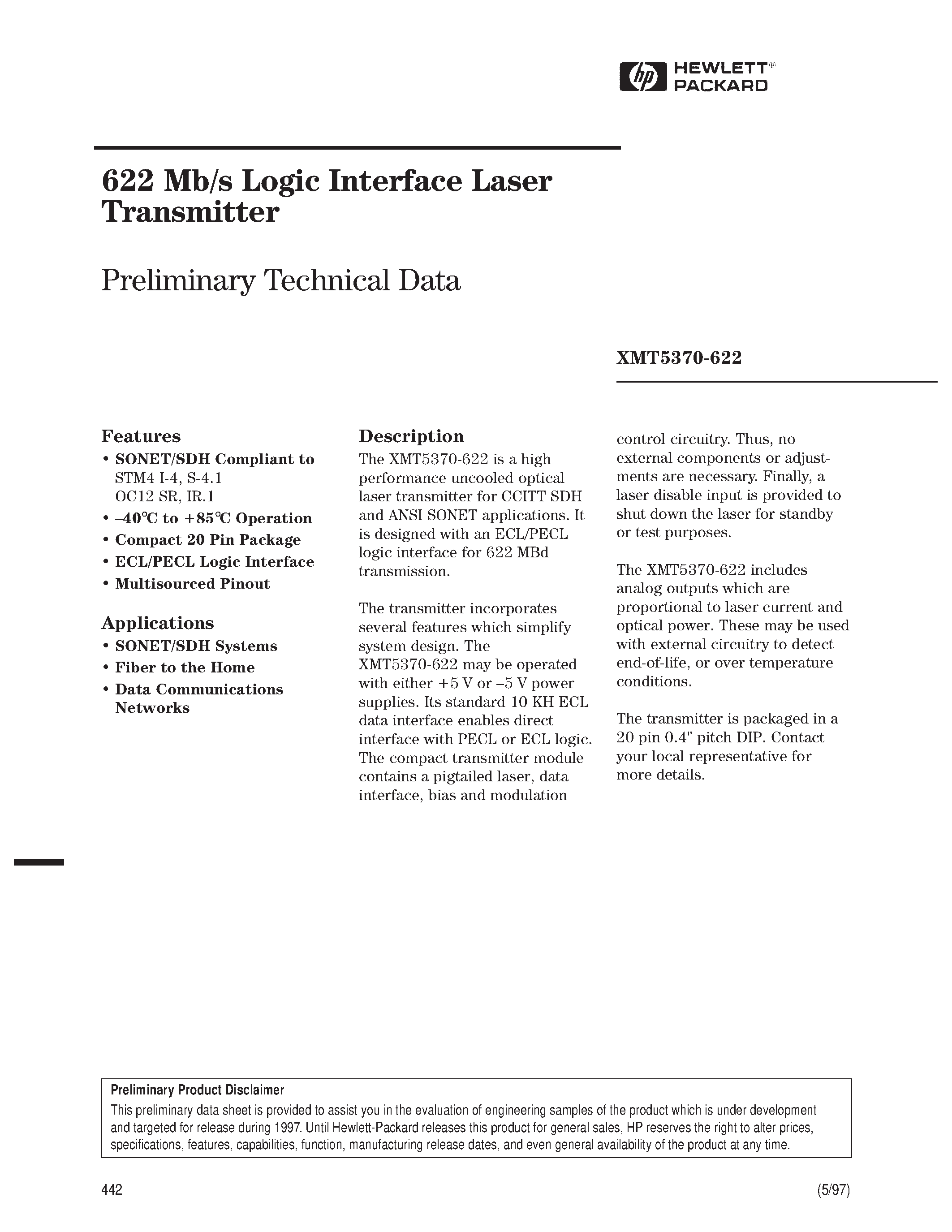 Datasheet XMT5160B-155-SC - 622 Mb/s Logic Interface Laser Transmitter page 1