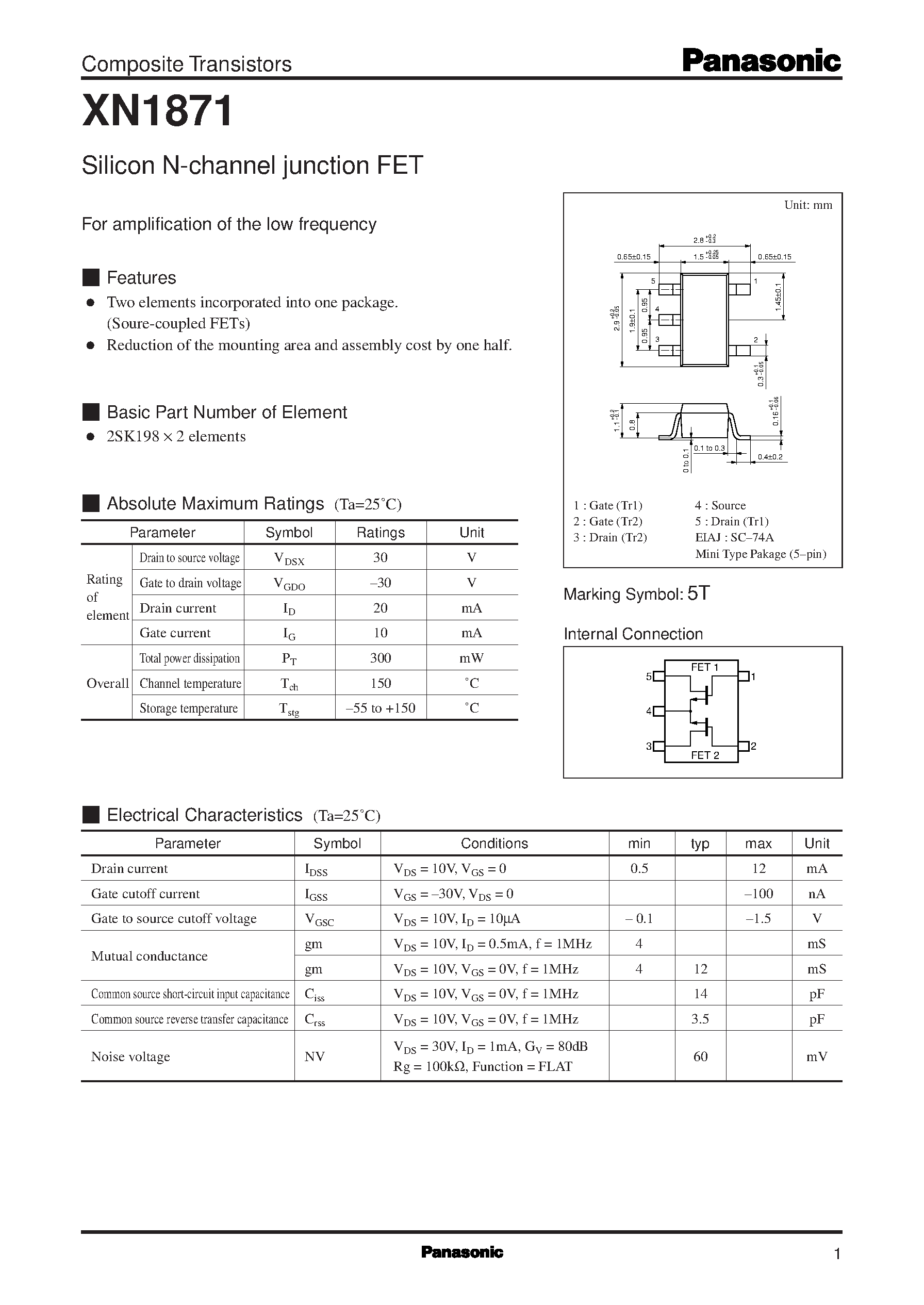 Datasheet XN1871 - Silicon N-channel junction FET page 1