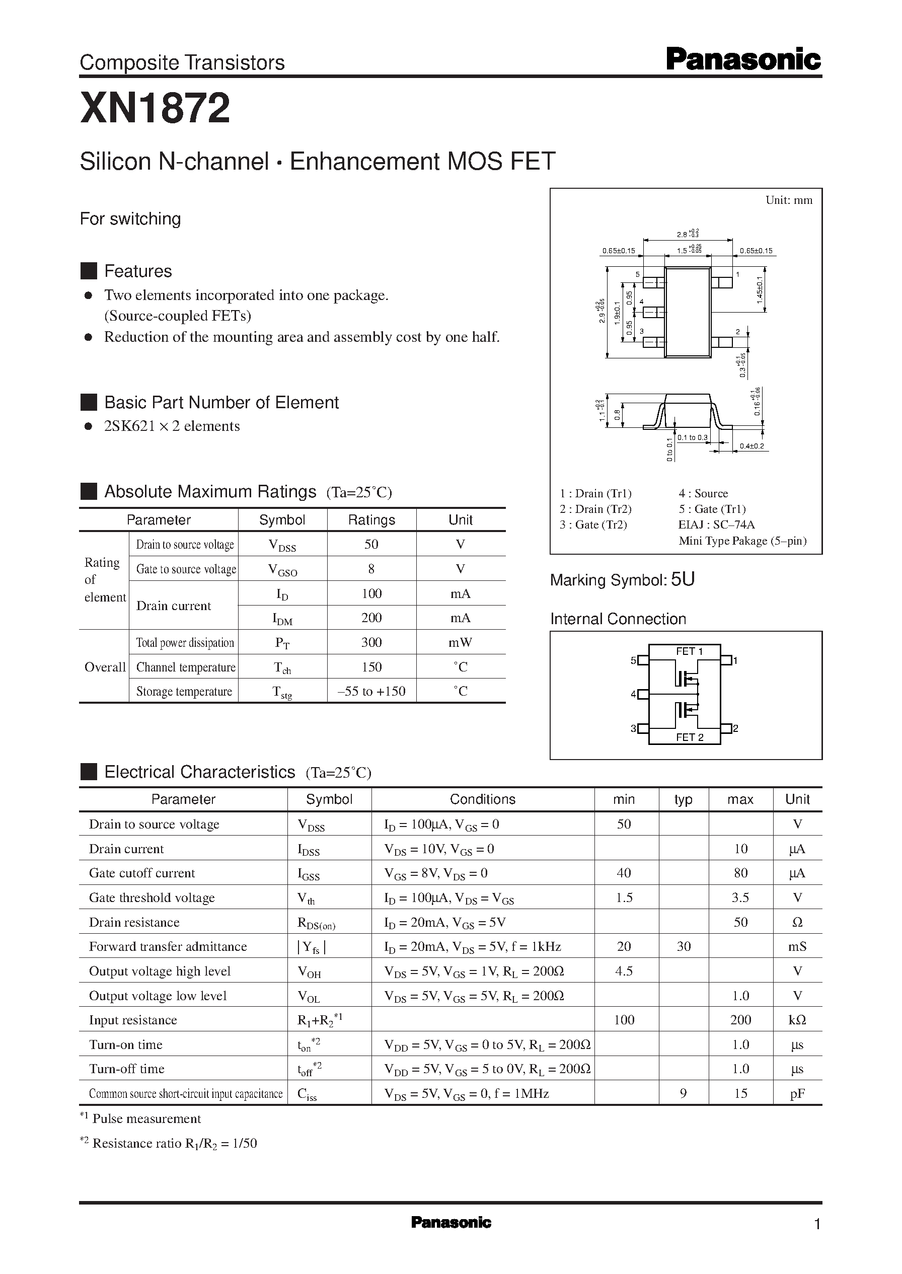 Datasheet XN1872 - Silicon N-channel . Enhancement MOS FET page 1