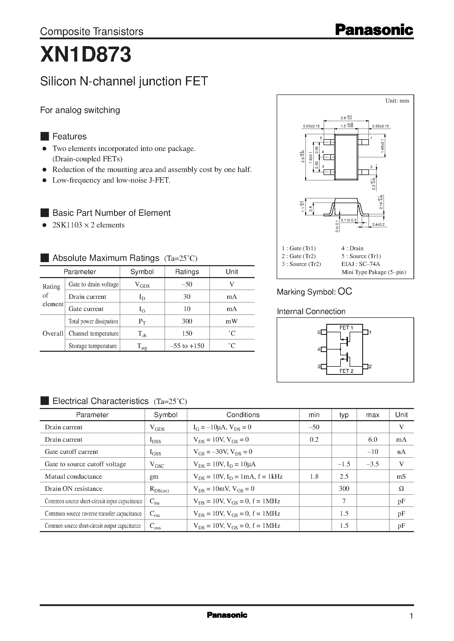 Datasheet XN1D873 - Silicon N-channel junction FET page 1
