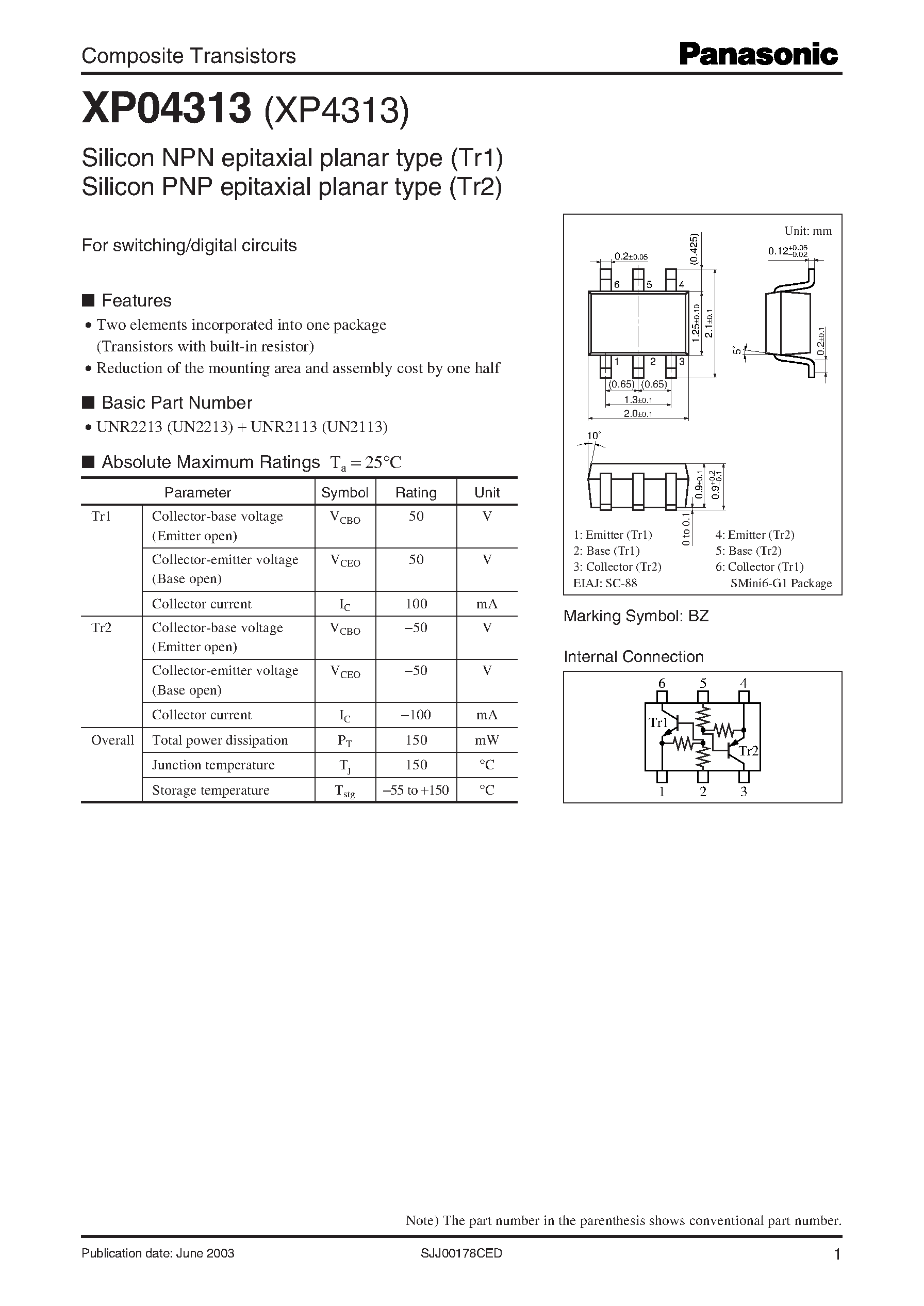 Datasheet XP04313 page 1 Datasheet XP04313 - Composite Transistors page 1