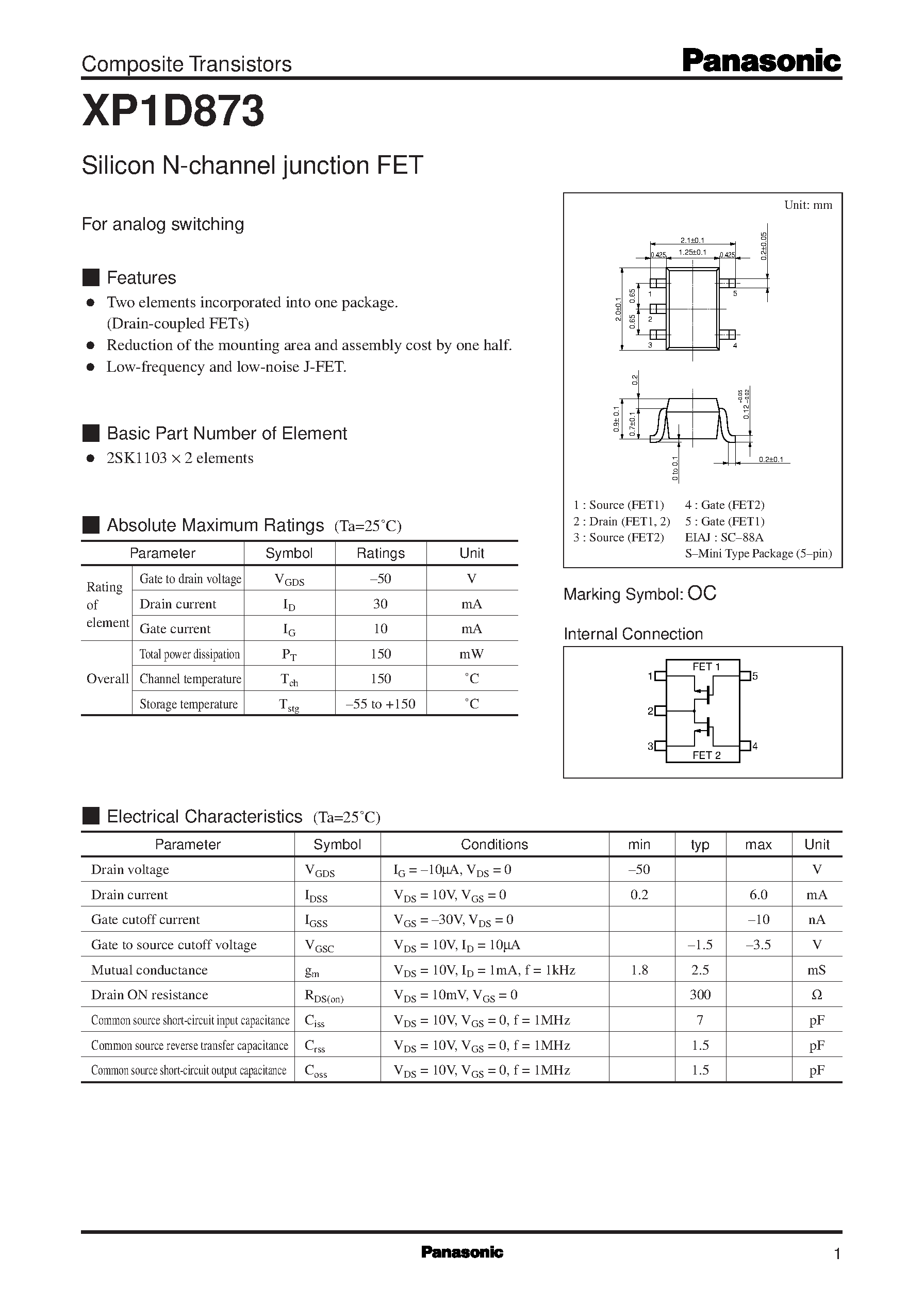 Datasheet XP1D873 - Silicon N-channel junction FET page 1