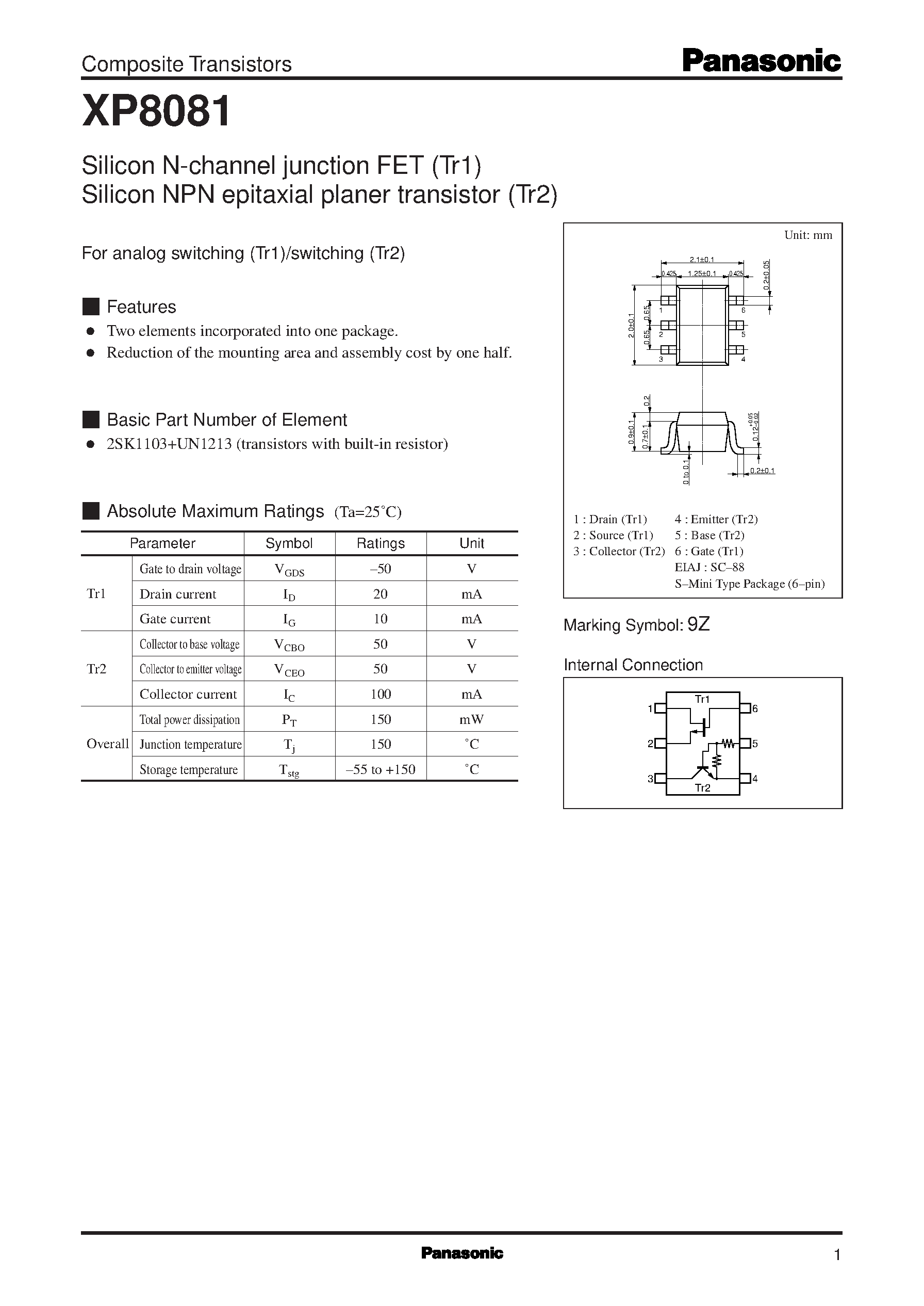 Даташит XP8081 - Silicon N-channel junction FET (Tr1) Silicon NPN epitaxial planer transistor (Tr2) страница 1