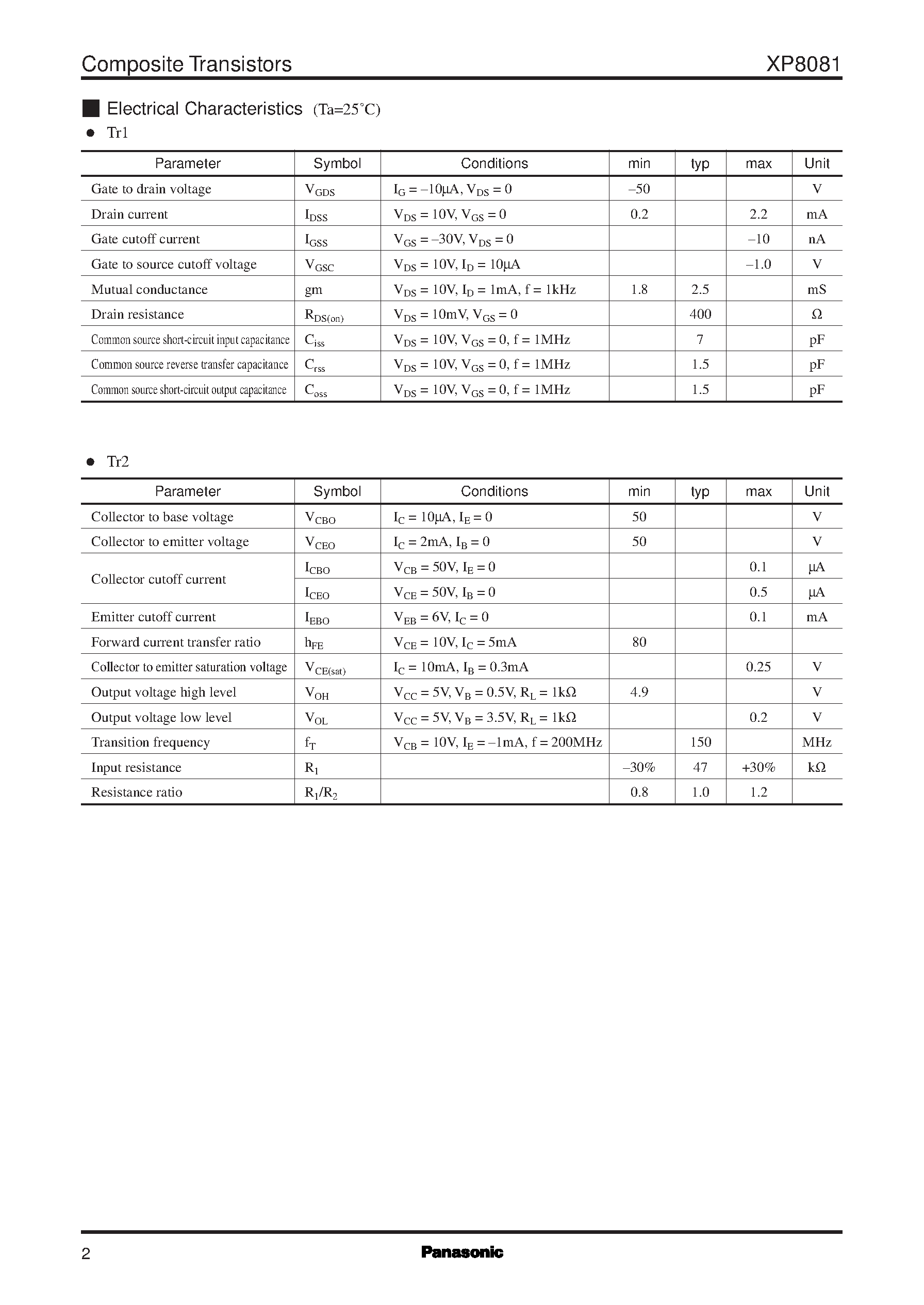 Даташит XP8081 - Silicon N-channel junction FET (Tr1) Silicon NPN epitaxial planer transistor (Tr2) страница 2